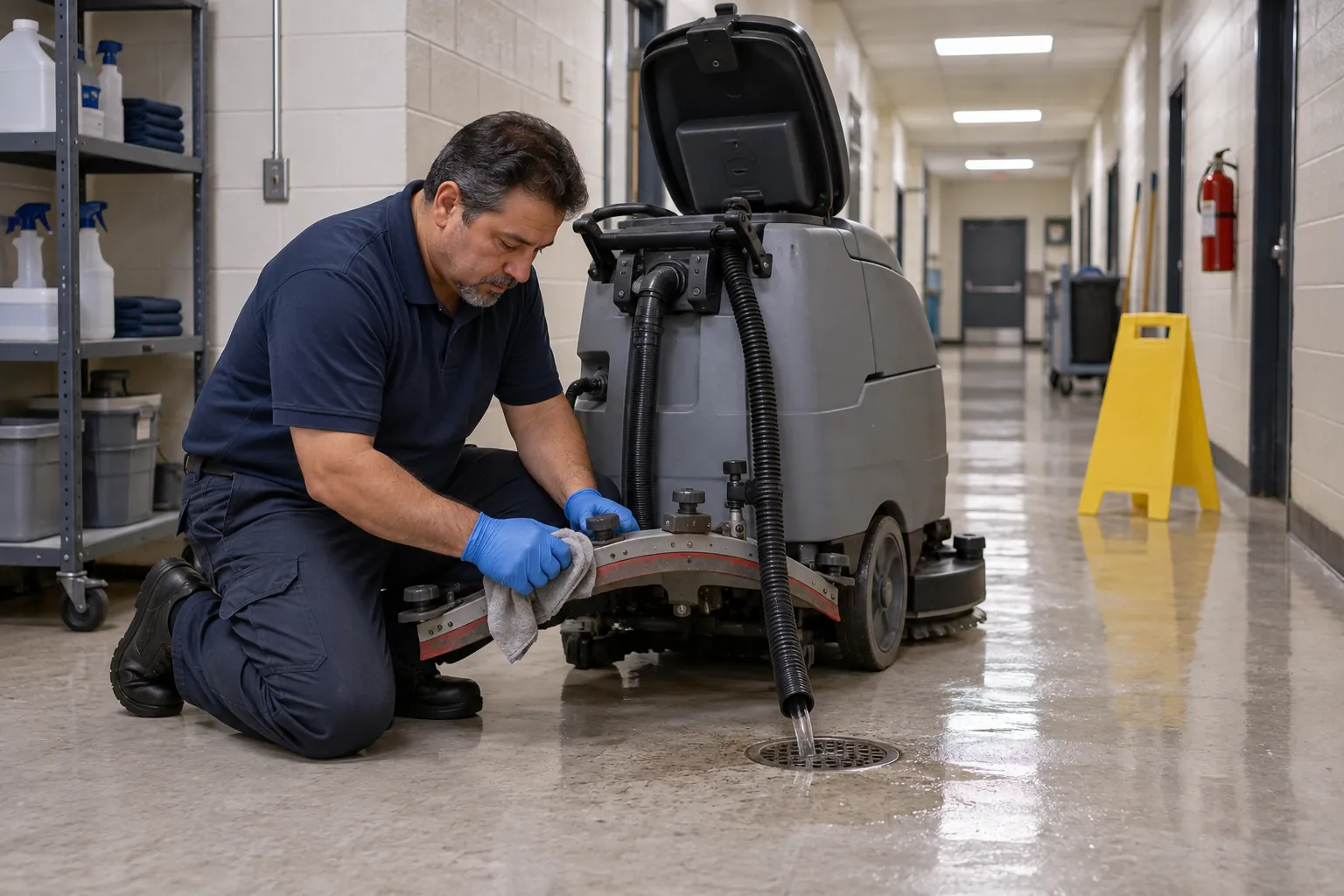 A custodian in gloves wiping the squeegee blade of a walk-behind floor scrubber with its tank lid open in a school service corridor.