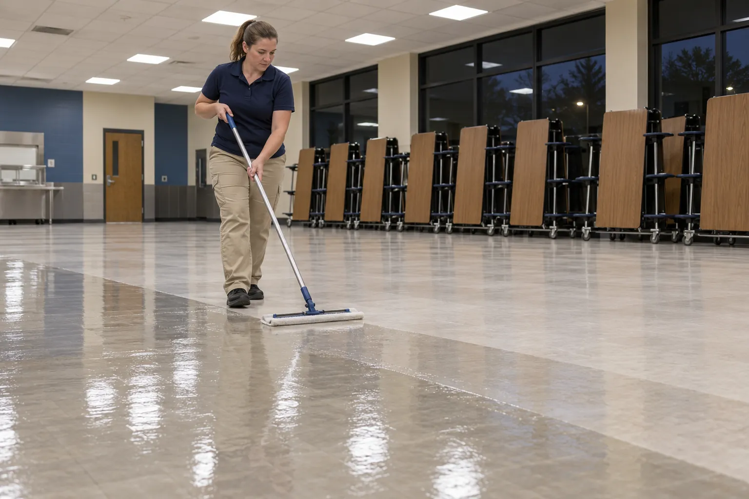 A floor tech walking backward with a flat applicator, spreading glossy floor finish across a school cafeteria with the tables folded against the wall.