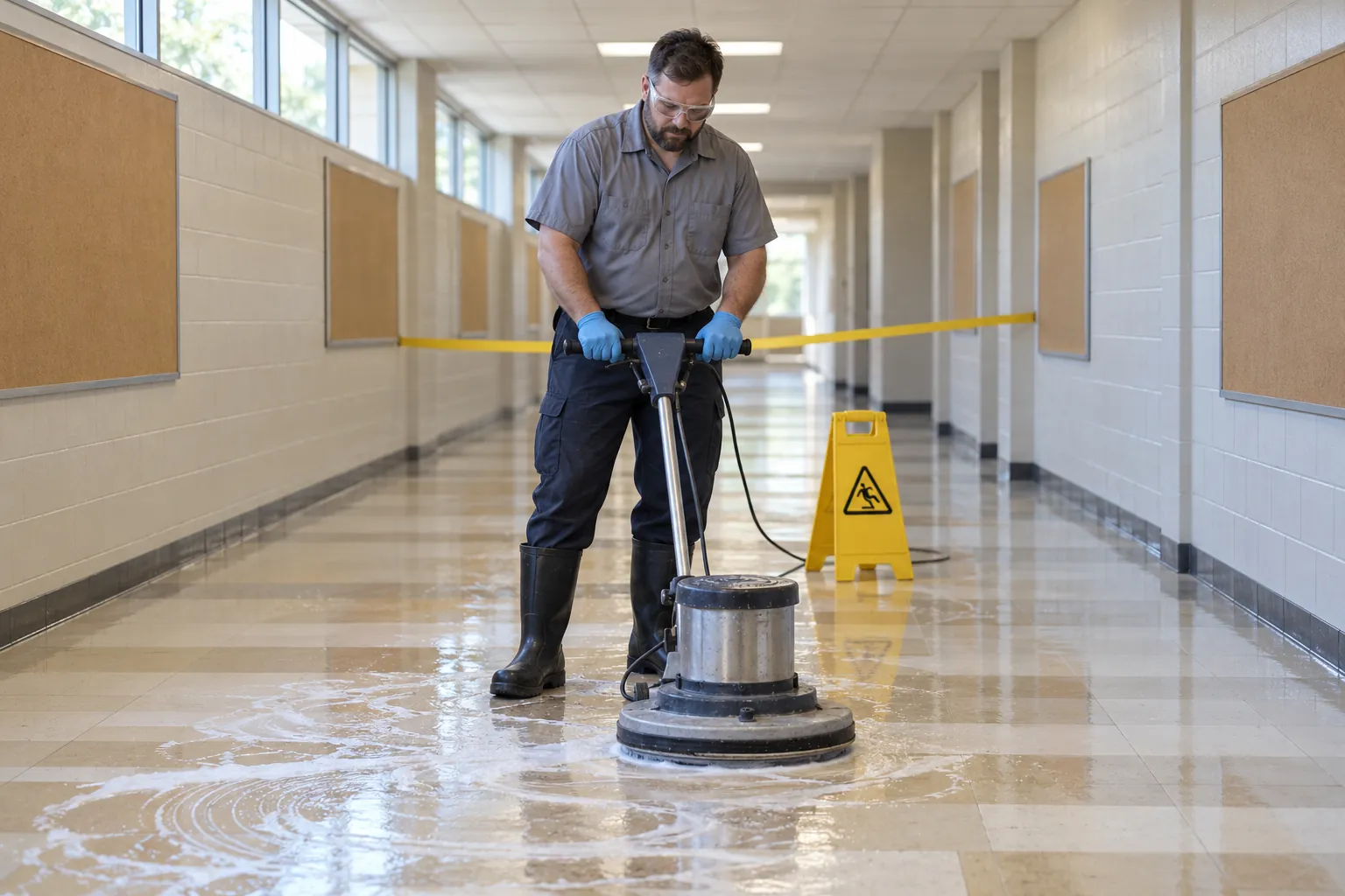 A custodian in goggles and gloves running a floor machine over wet, foamy vinyl tile in an empty school corridor, a wet floor sign behind him.