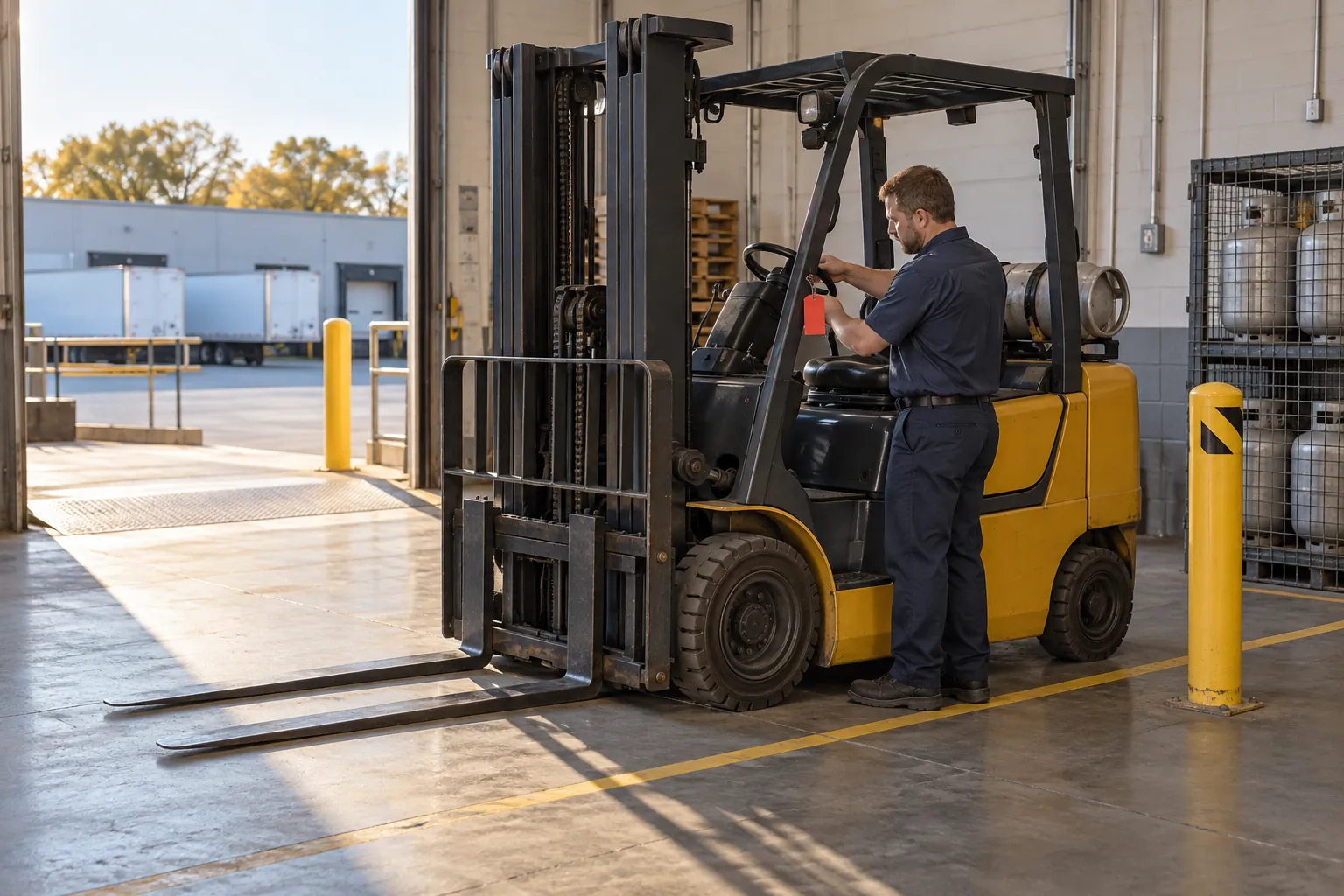 A technician hanging a blank tag on the steering wheel of a parked forklift by a loading dock.