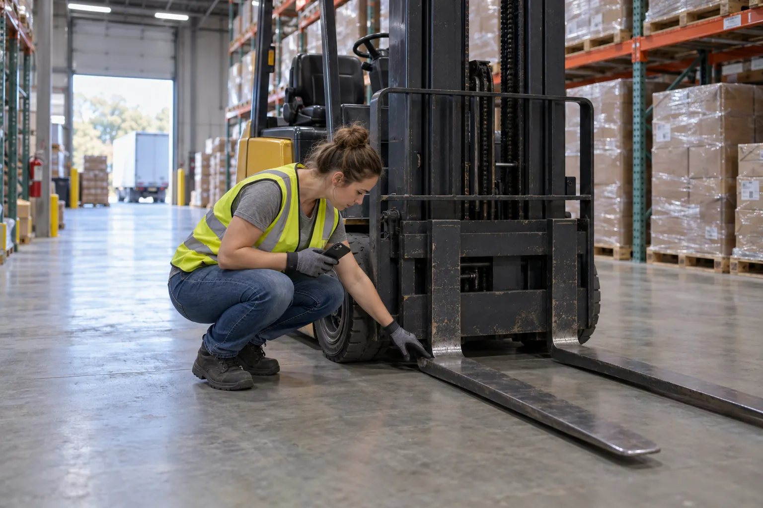 A forklift operator crouching to inspect a fork on an electric forklift in a warehouse aisle.