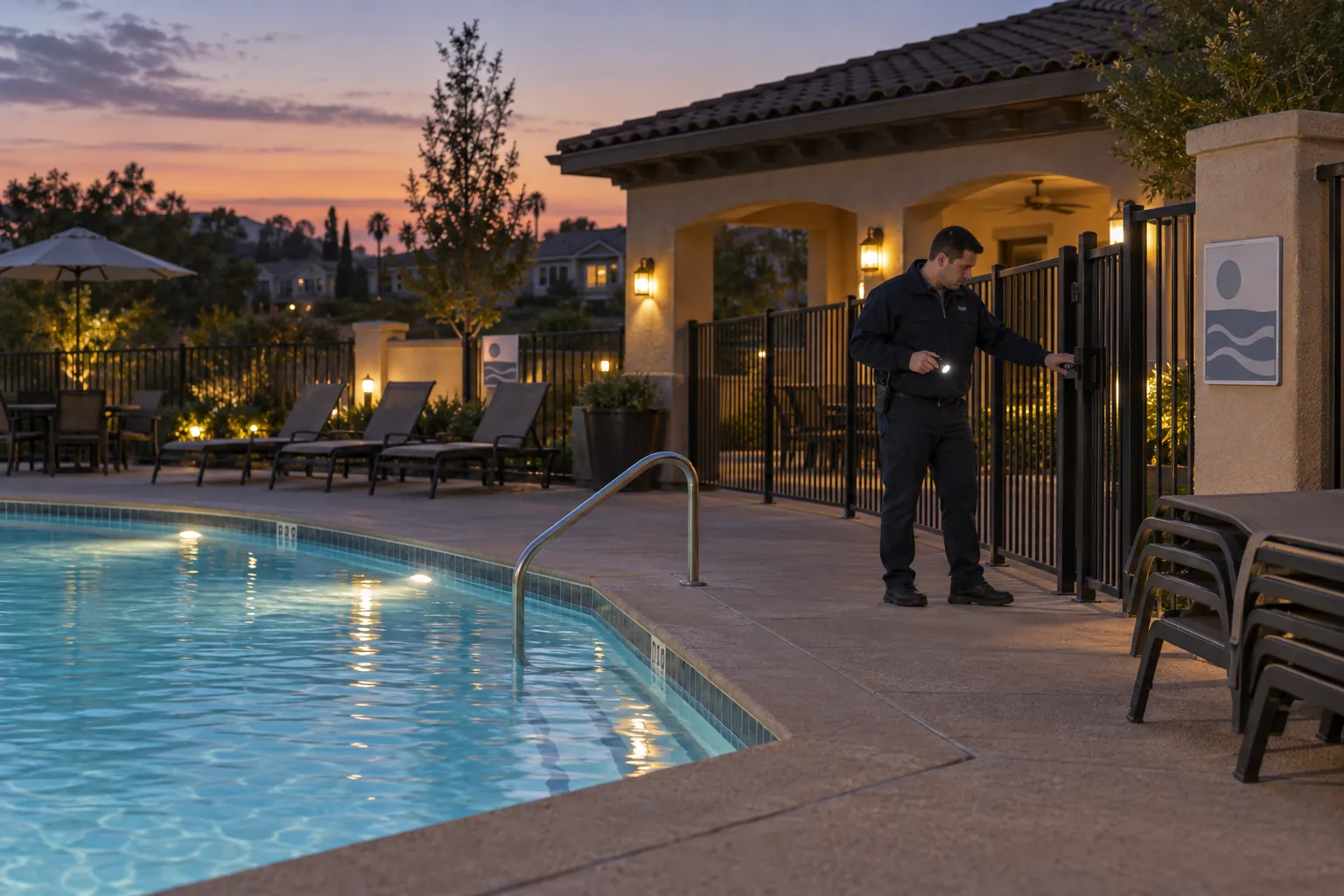A security officer at dusk checking that the latched gate of a community pool holds, with the lit pool and clubhouse behind him.