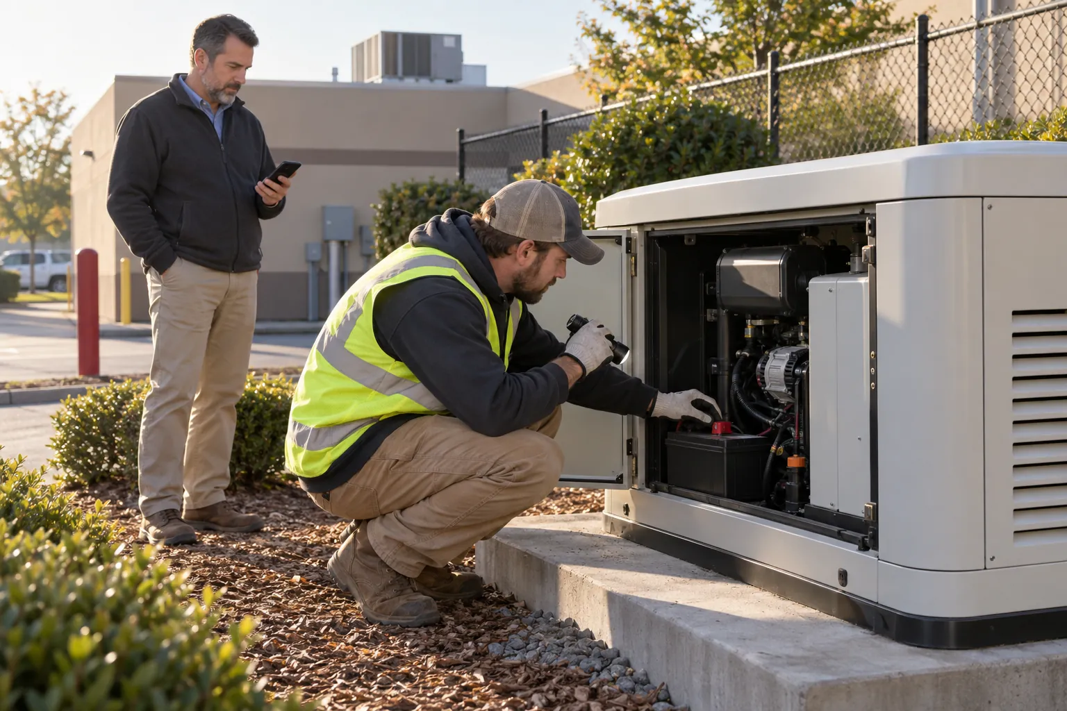 A technician checking the starting batteries inside an outdoor generator enclosure while a facility manager stands by with a phone.