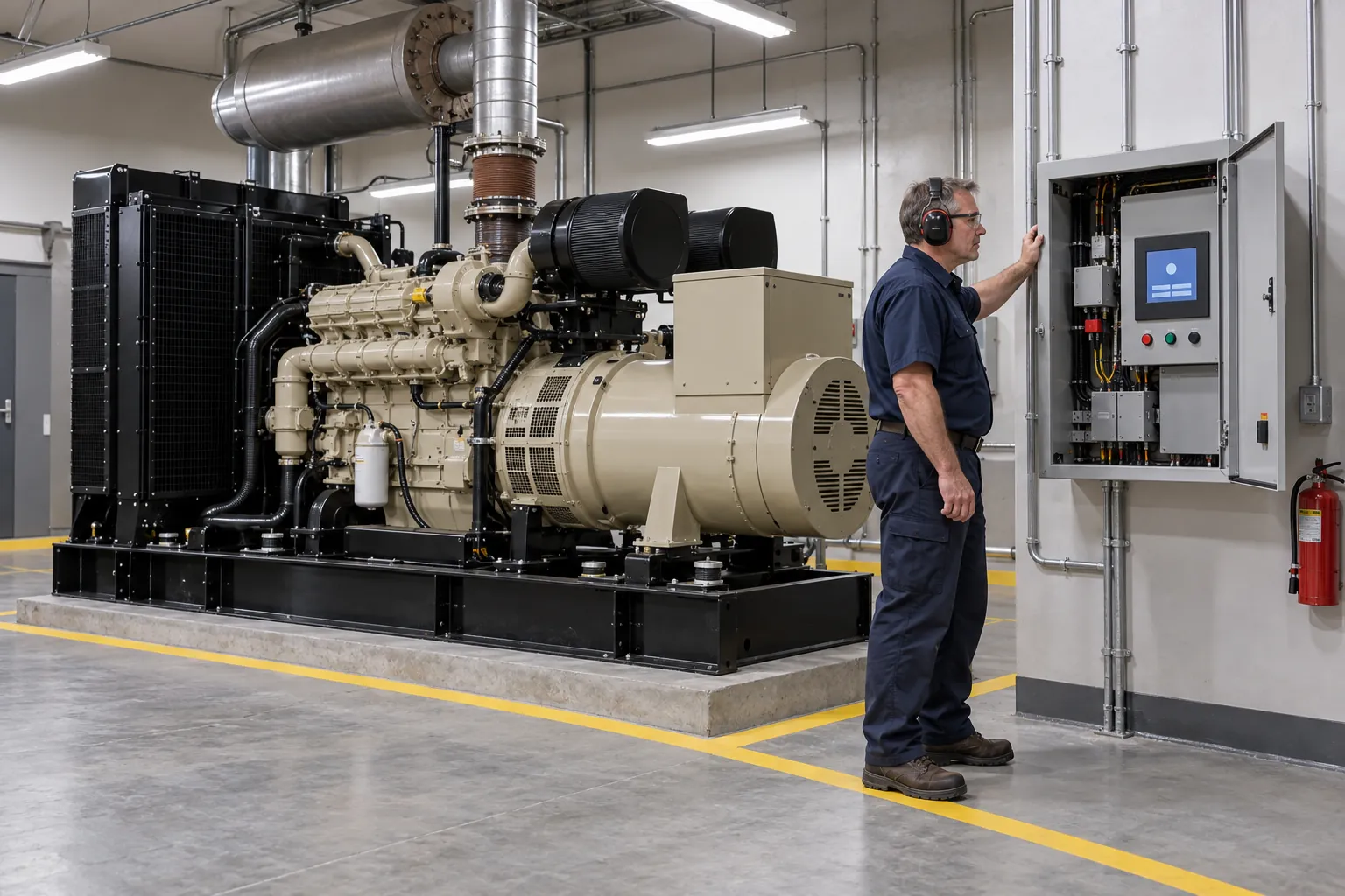 A building engineer in hearing protection watching a diesel standby generator run from beside an open transfer switch cabinet in a generator room.
