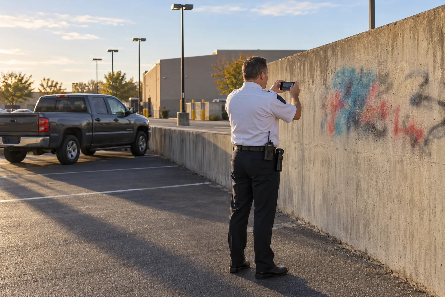 A security officer photographing blurred spray marks on a concrete wall at the edge of a parking lot in late afternoon sun.