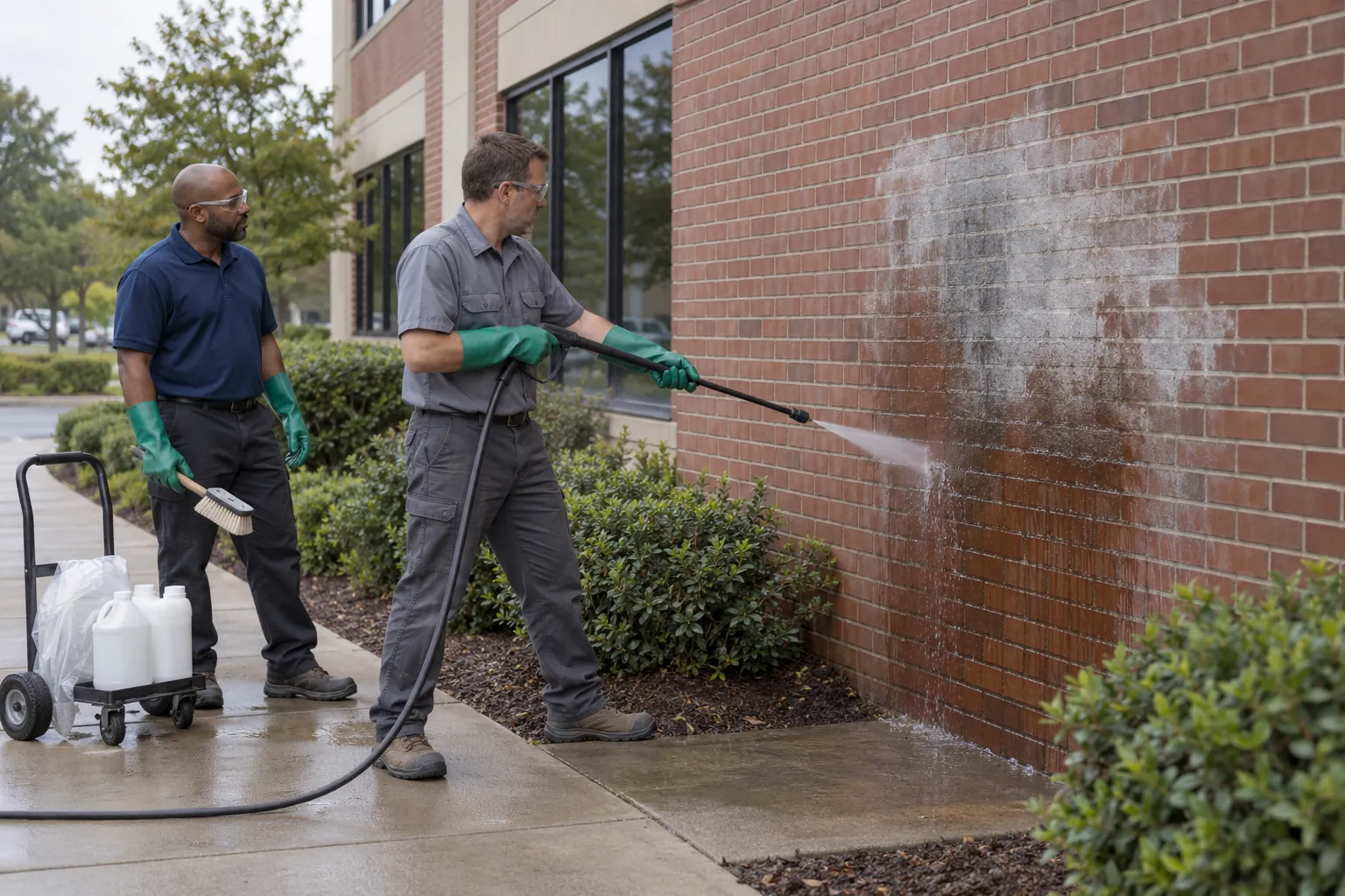Two maintenance workers in gloves and safety glasses rinsing a faded paint patch off a red brick office wall with a low-pressure hose.