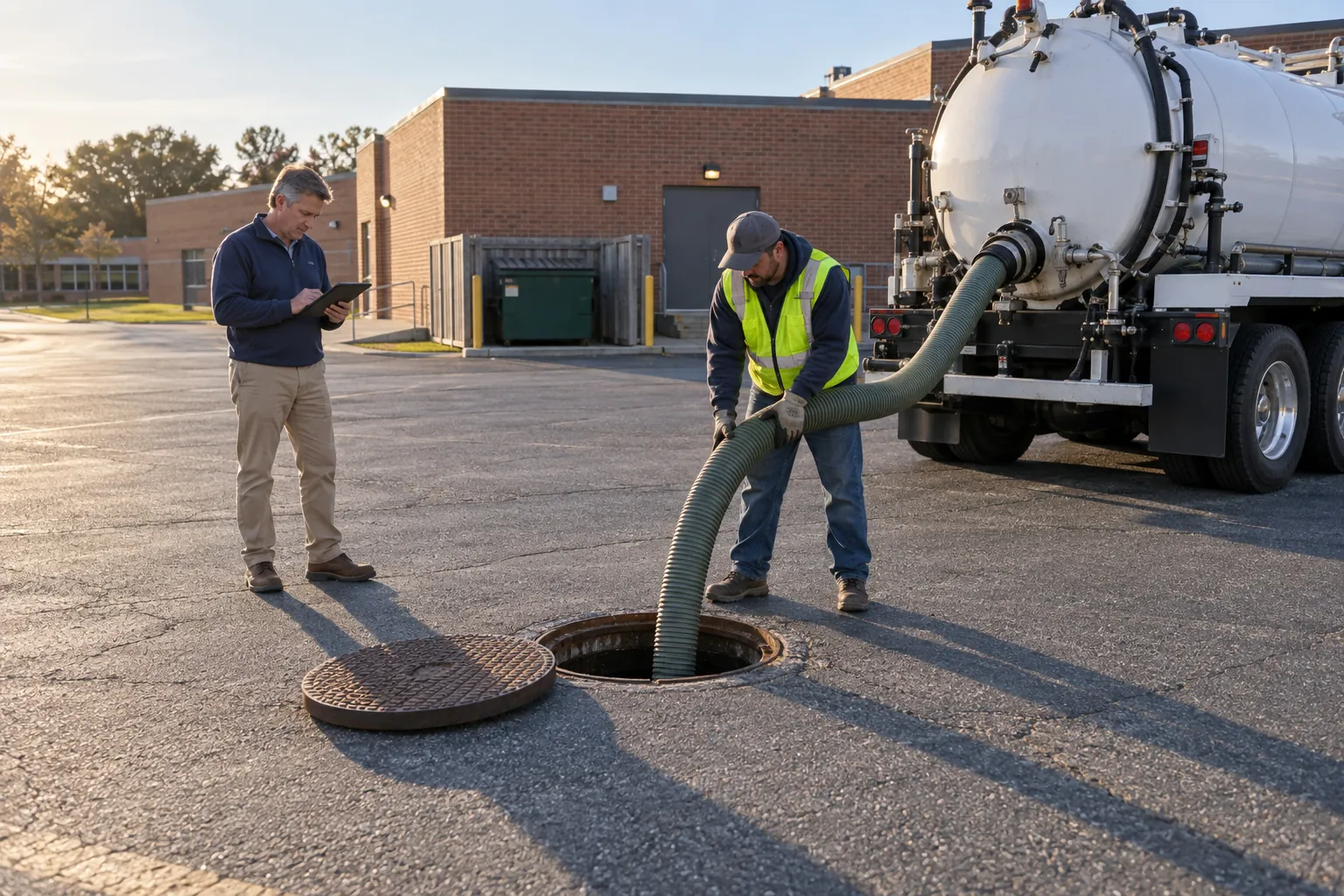 A facility manager with a tablet watching a hauler pump out an in-ground grease interceptor in a school parking lot at dawn.
