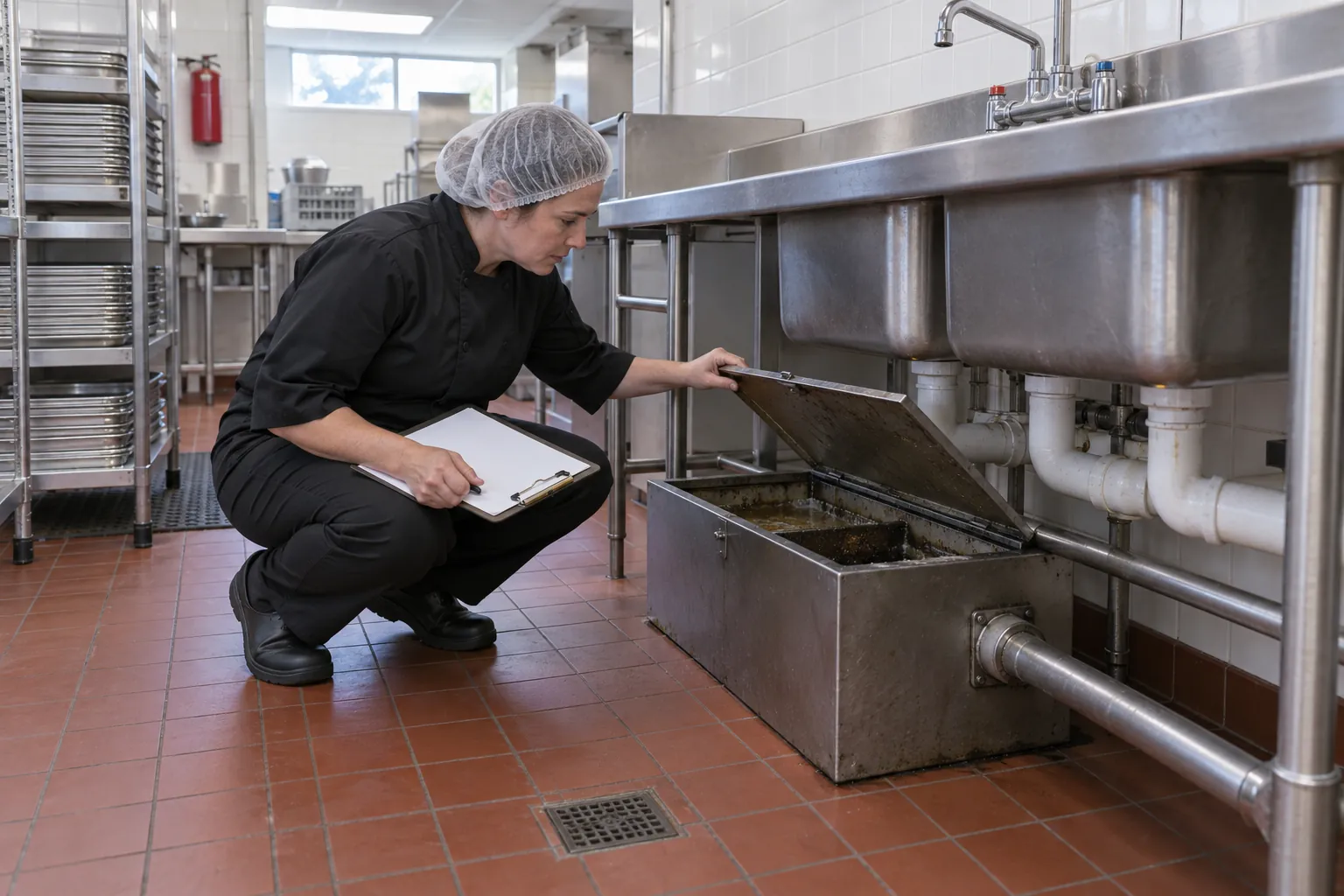 A kitchen supervisor crouching beside an open under-sink grease trap in a cafeteria dish room, clipboard on her knee.