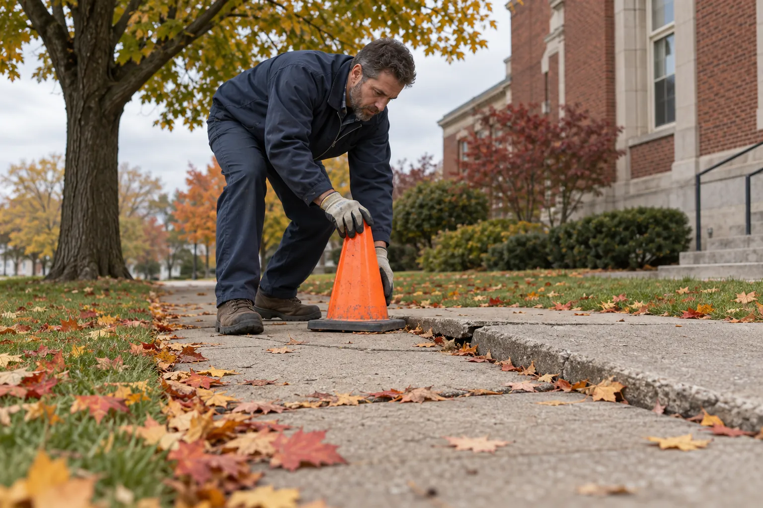 A maintenance technician placing an orange cone beside a raised sidewalk panel under a maple tree, autumn leaves on the path.
