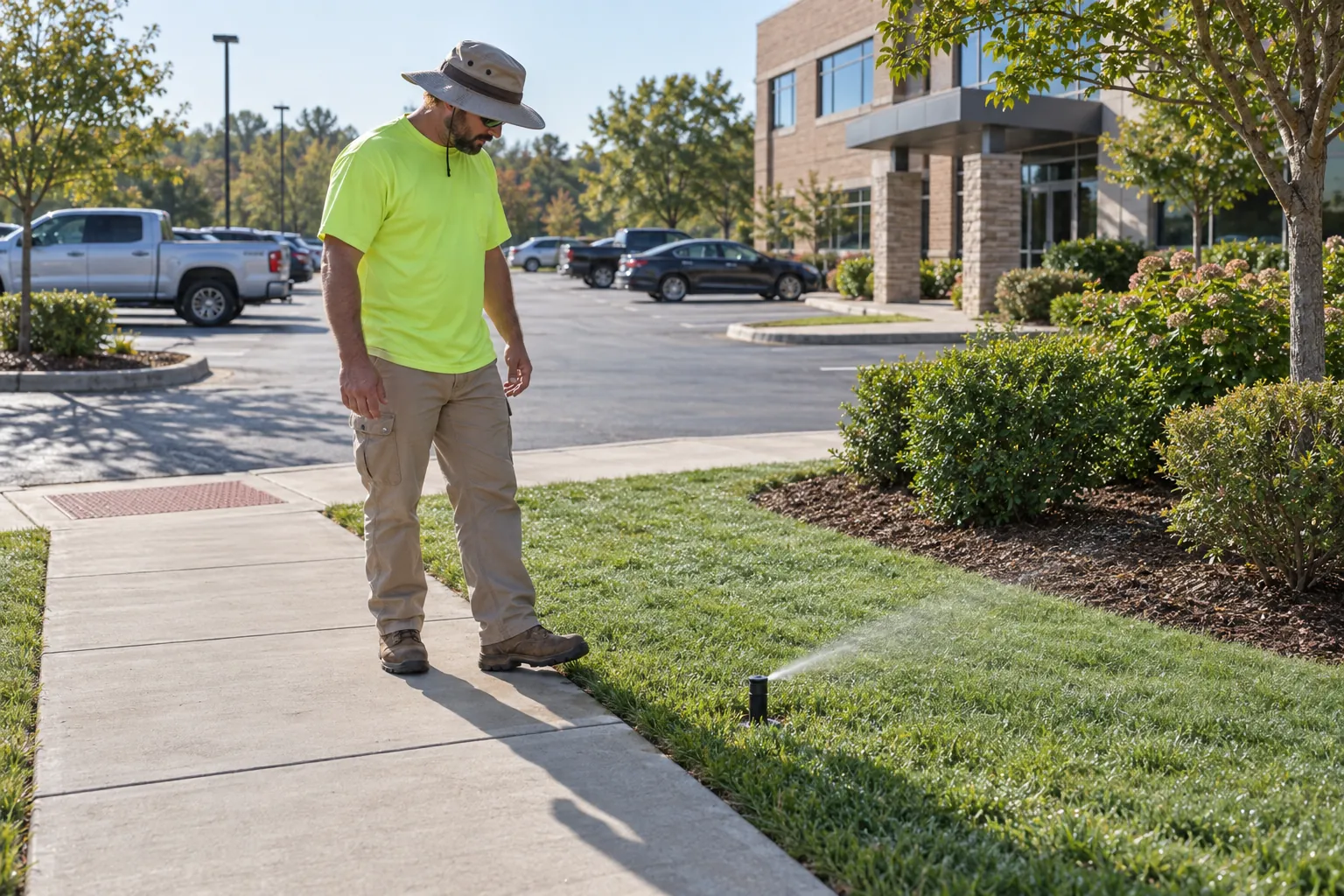 A landscape worker in a high-visibility shirt pausing on a sidewalk outside an office building to look at a sprinkler head in the lawn.
