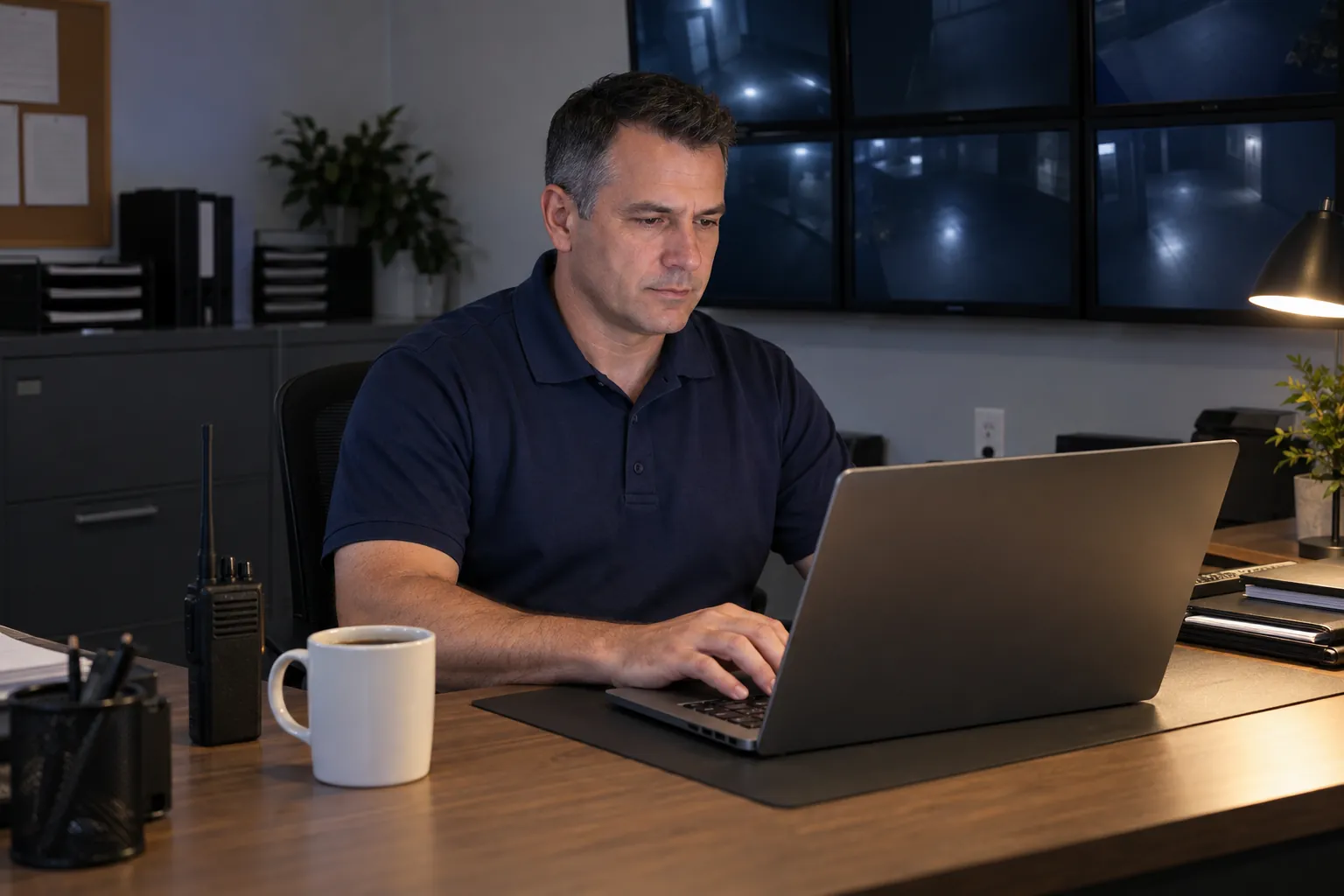 A supervisor reviewing patrol results on a laptop in a security office.