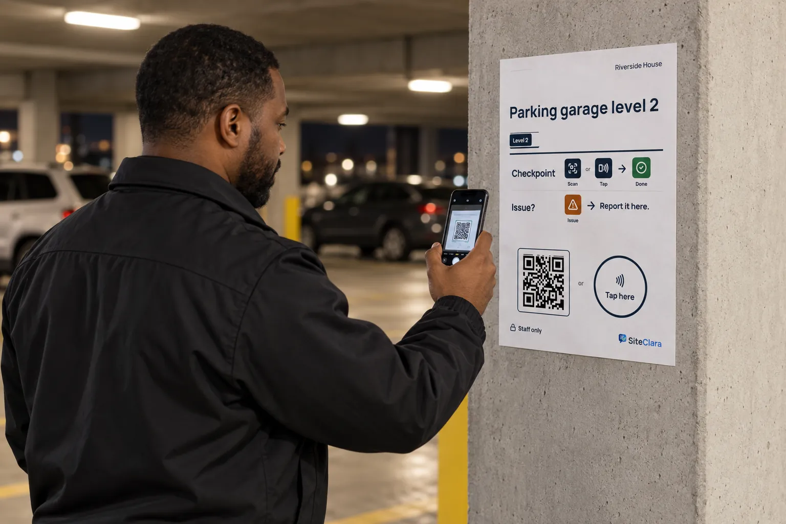A security guard scanning a checkpoint poster on a column in a parking garage at night.
