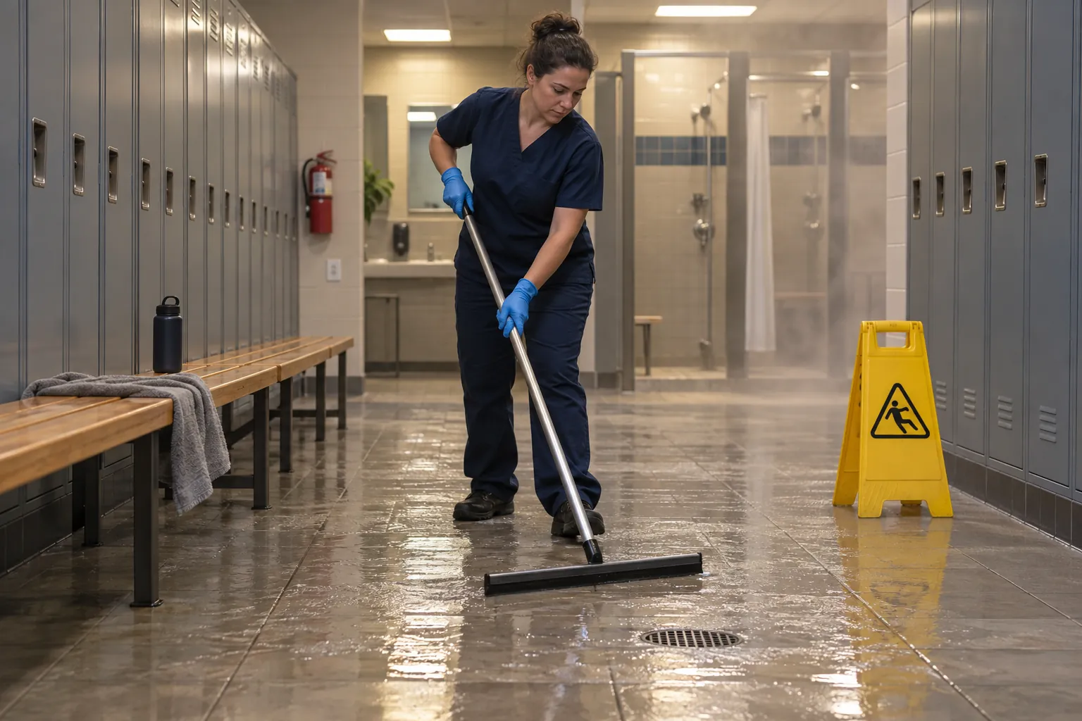 A worker squeegeeing water toward a drain in a tiled gym locker room.