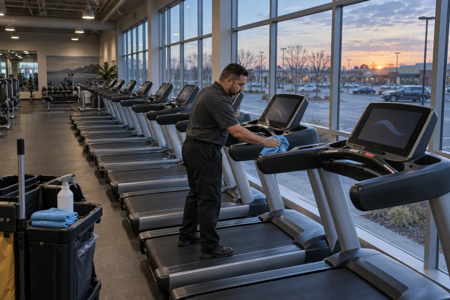 A custodian wiping treadmill handles on an empty gym cardio floor at dawn.