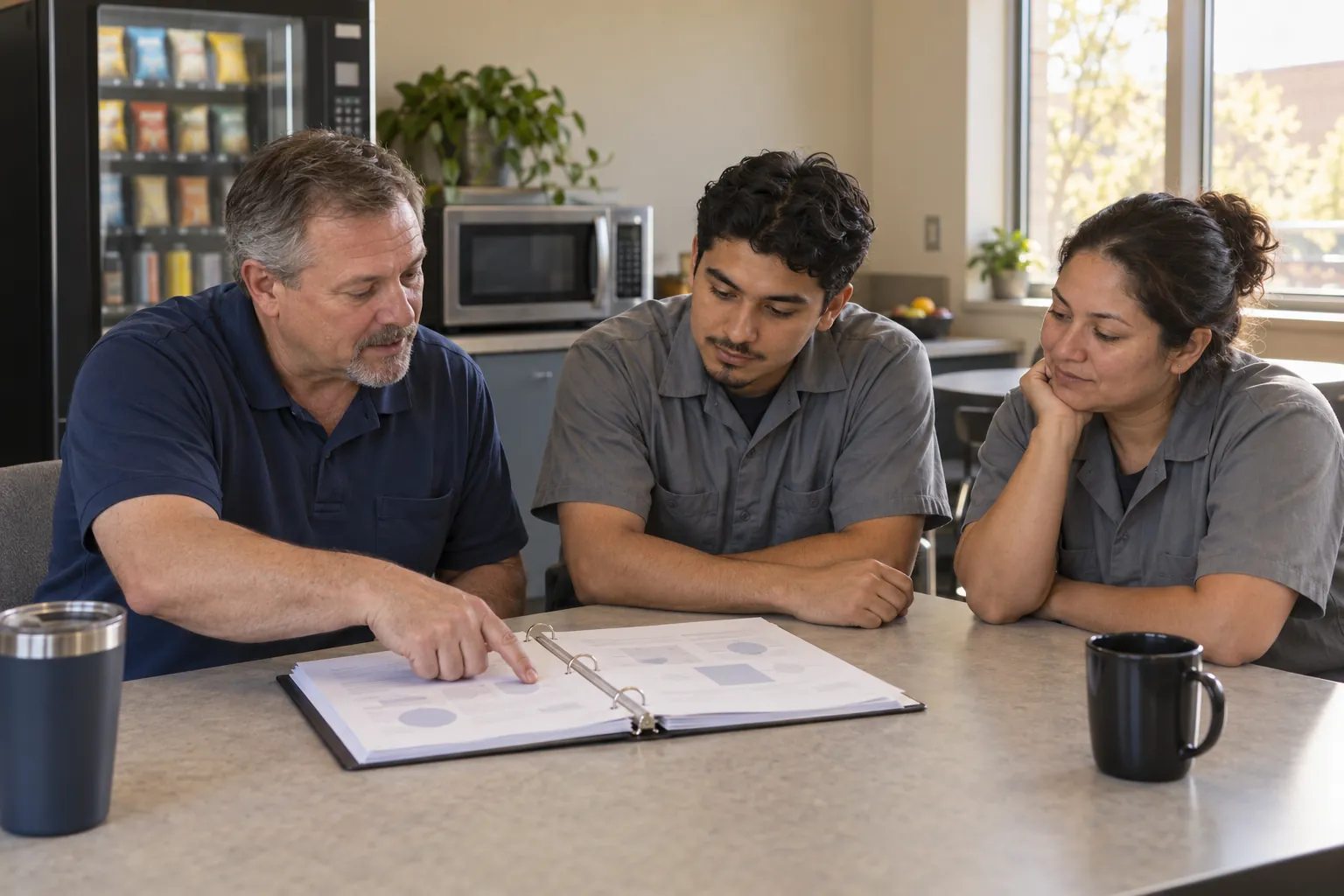 A custodial supervisor going through an open binder at a break room table with two custodians in a school.
