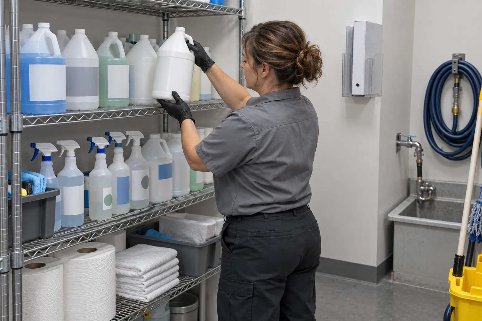 A custodian in gloves putting a jug of cleaning chemical back on a shelf in a tidy janitor closet, with a white binder in a holder beside the shelving.