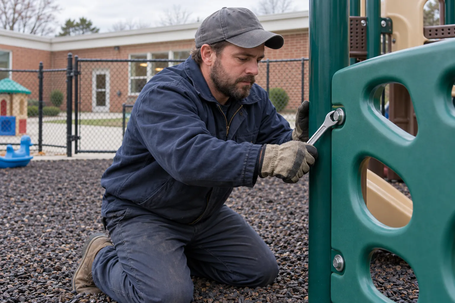 A maintenance worker kneeling on rubber mulch to tighten a bolt on a low climbing structure in an empty fenced preschool playground.
