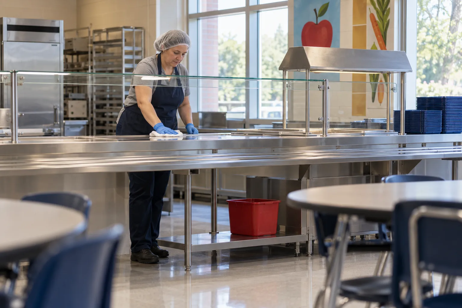 A cafeteria worker in a hairnet and gloves wiping the serving counter under a sneeze guard on an empty school serving line.