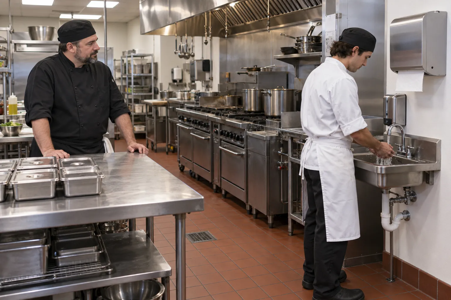 A kitchen manager watching a line cook wash his hands at a stainless handwashing sink in a restaurant kitchen.