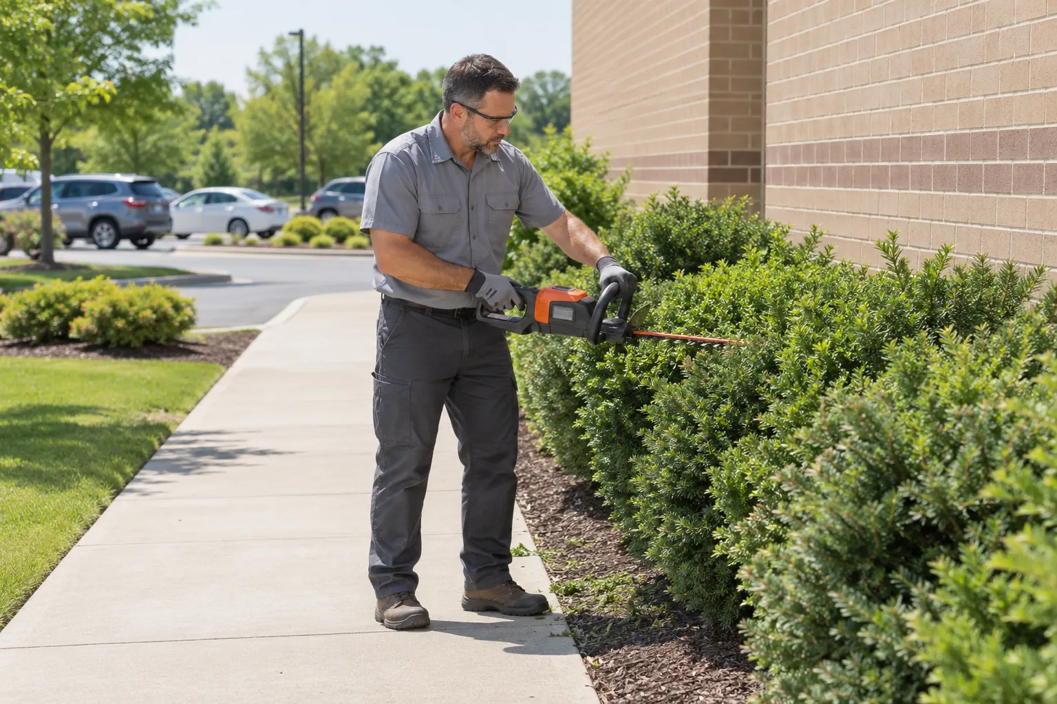 A grounds worker trimming shrubs back from the brick wall of a hospital building.