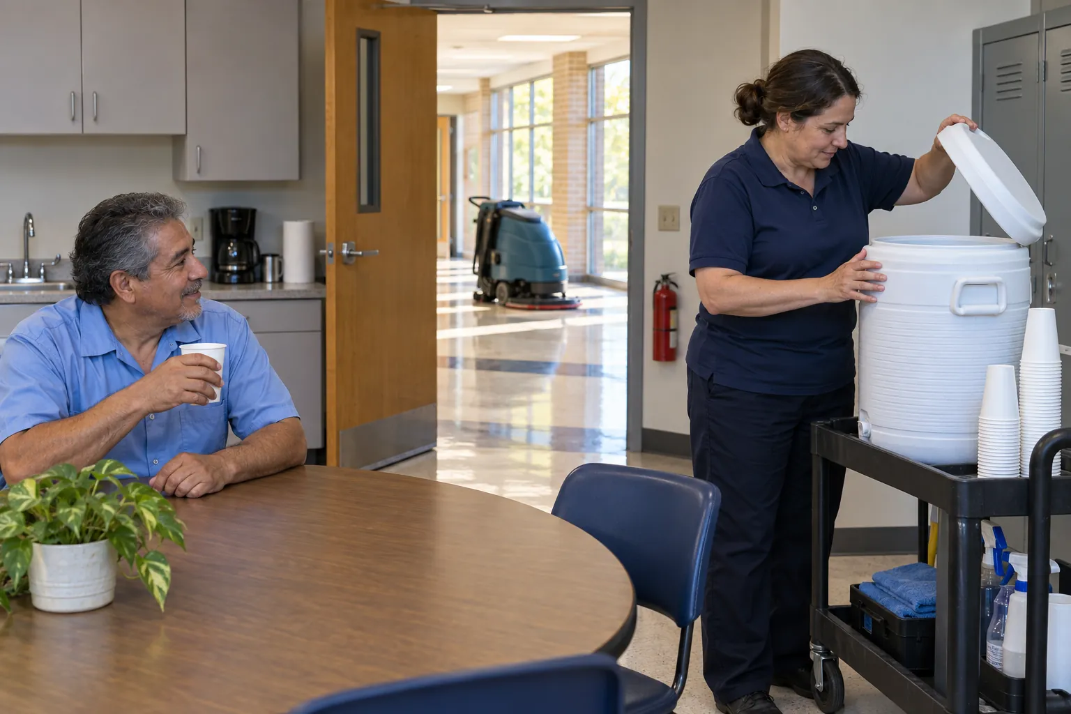 A custodial supervisor checking a water cooler in a school break room while a custodian rests at a table with a cup of water.