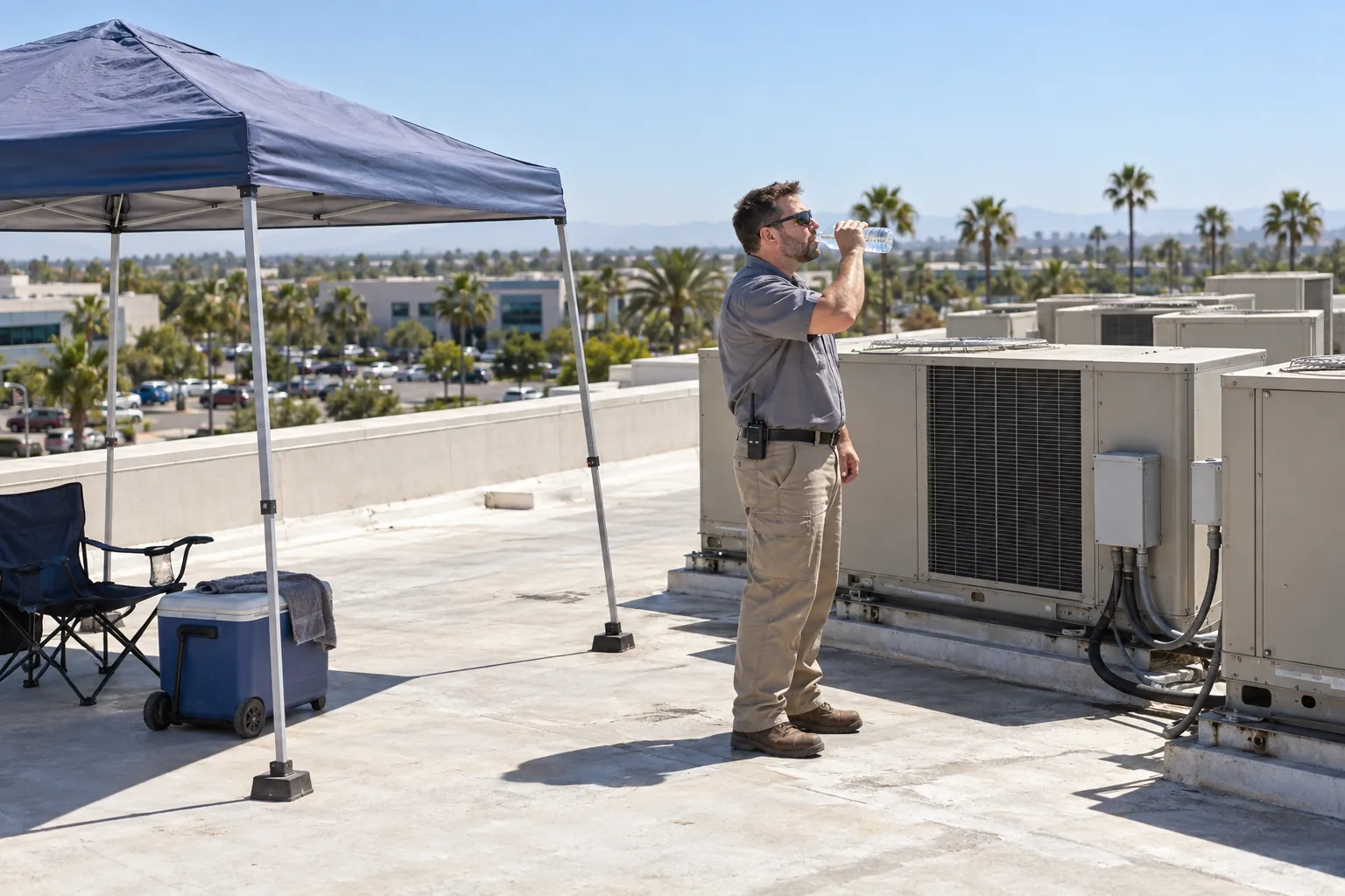 A building engineer drinking water beside a shade canopy and a water cooler on a sunny office building roof.