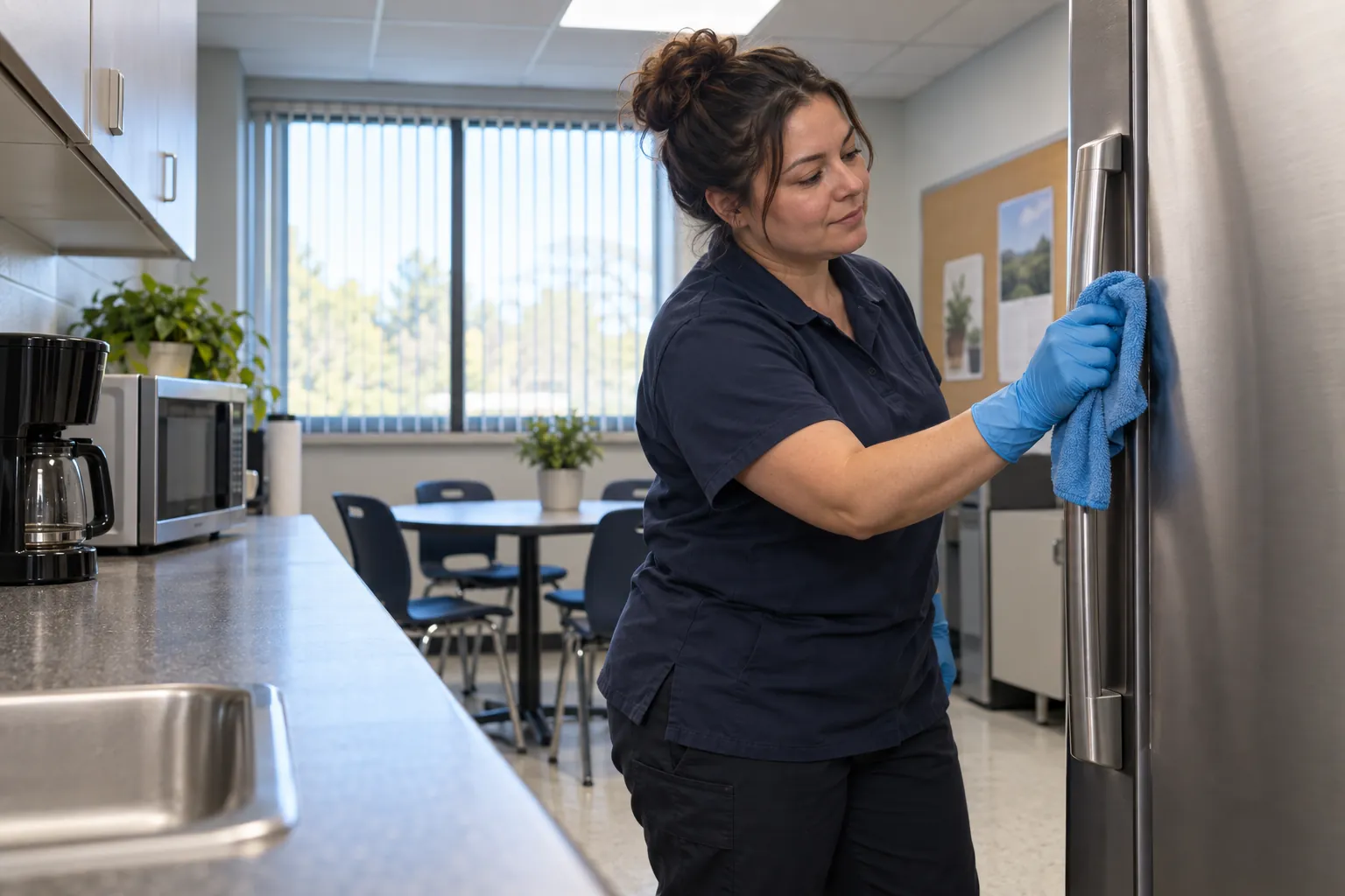A school custodian in gloves wiping the handle of a refrigerator in a staff break room.