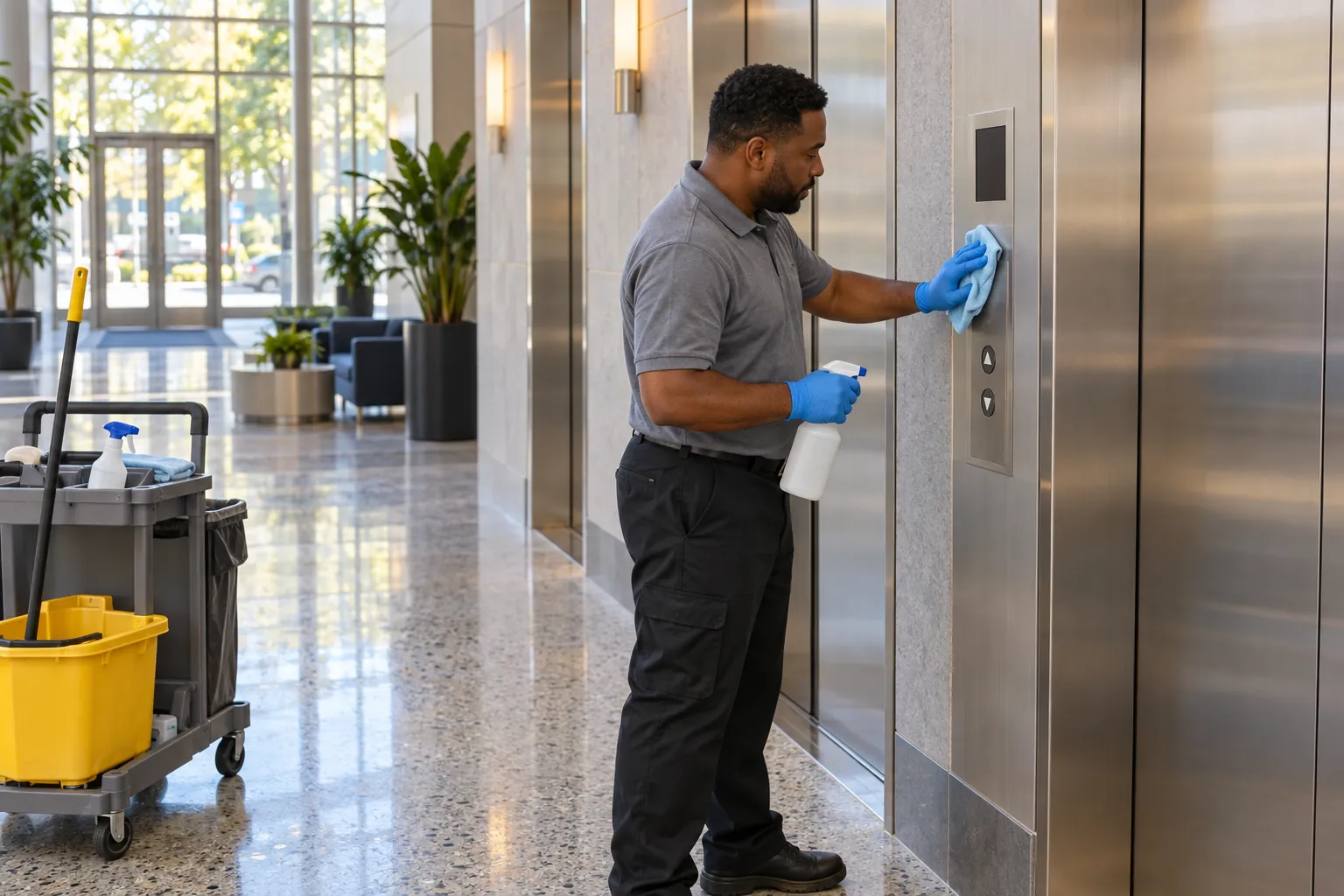 A day porter in gloves wiping the elevator call buttons in an office lobby, with a cleaning cart beside him.