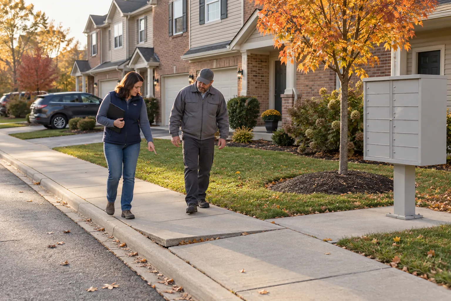 A community manager and a porter looking at a raised sidewalk panel in a townhome community.
