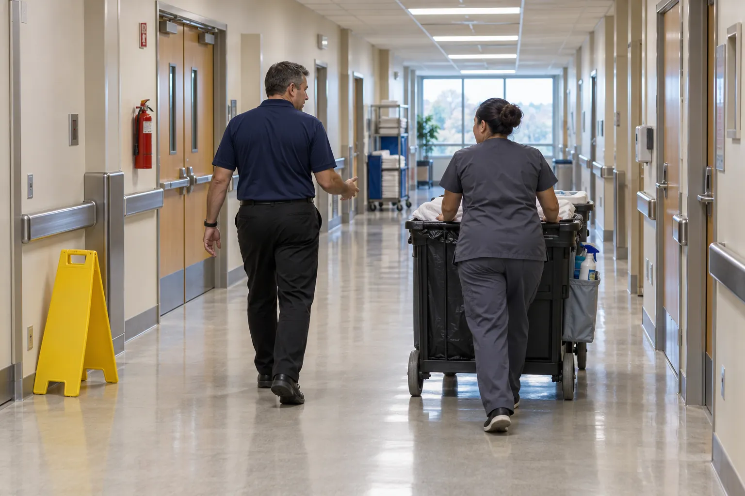Two environmental services staff pushing a wheeled cart along a polished hospital service corridor.