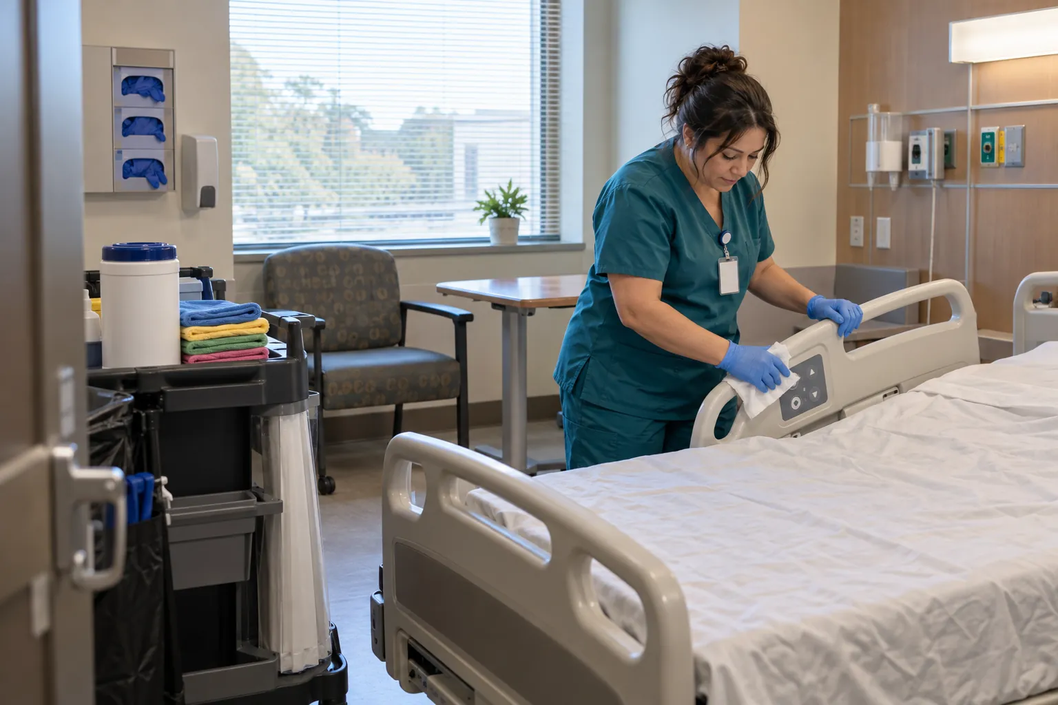 An environmental services technician in gloves wiping the rail of an empty hospital bed, a cleaning cart by the door.