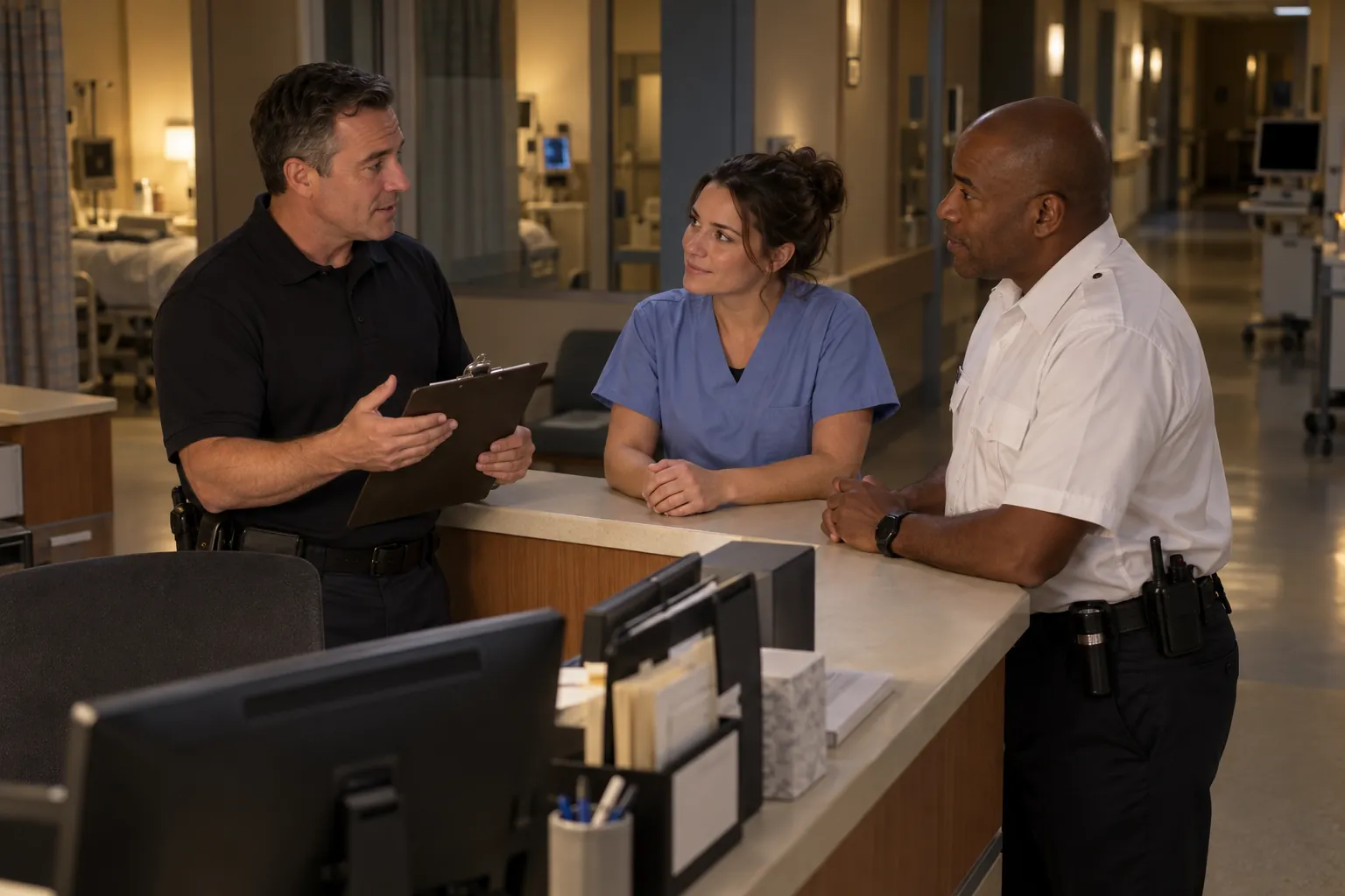 A safety officer with a clipboard talking with a charge nurse and a security officer at a dimly lit nurses' station at night.