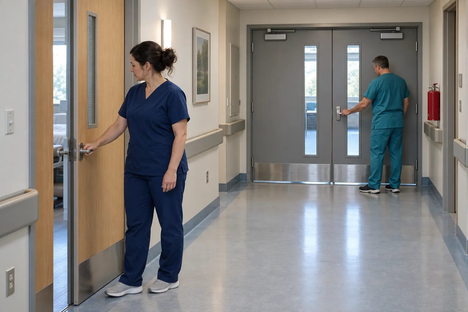 Two nurses in scrubs on a clear hospital corridor, one closing a patient room door and the other checking that a pair of smoke doors have closed.