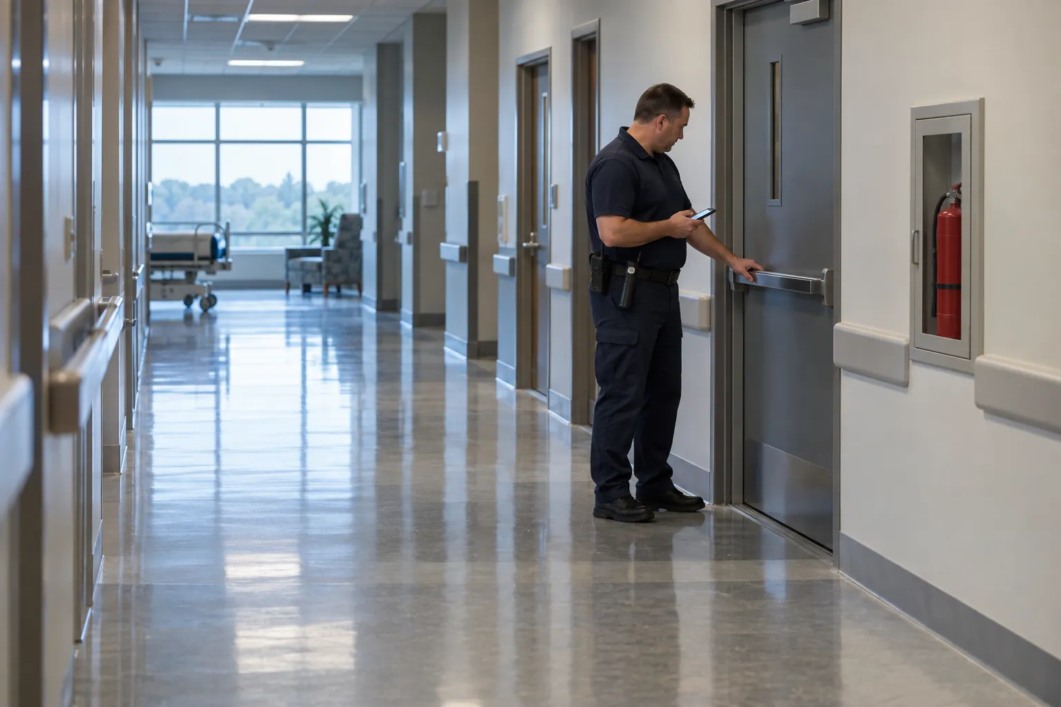 A security officer checking that a stairwell door has latched on an empty hospital corridor.