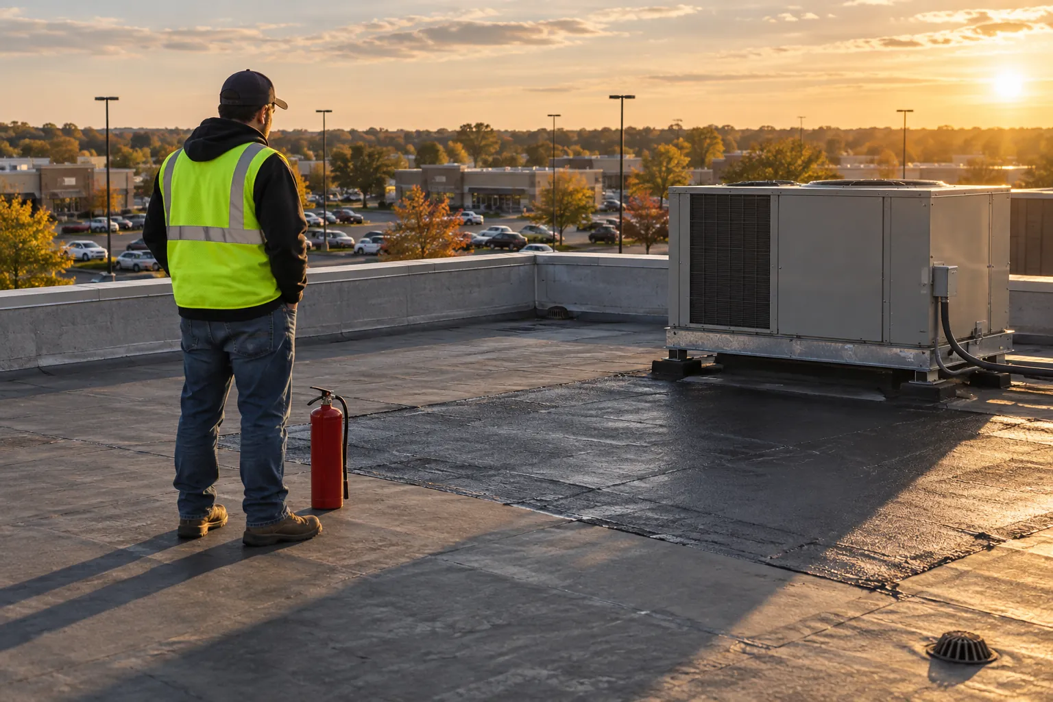 A maintenance worker with a fire extinguisher standing watch on a flat commercial roof beside an HVAC unit in late-afternoon light.