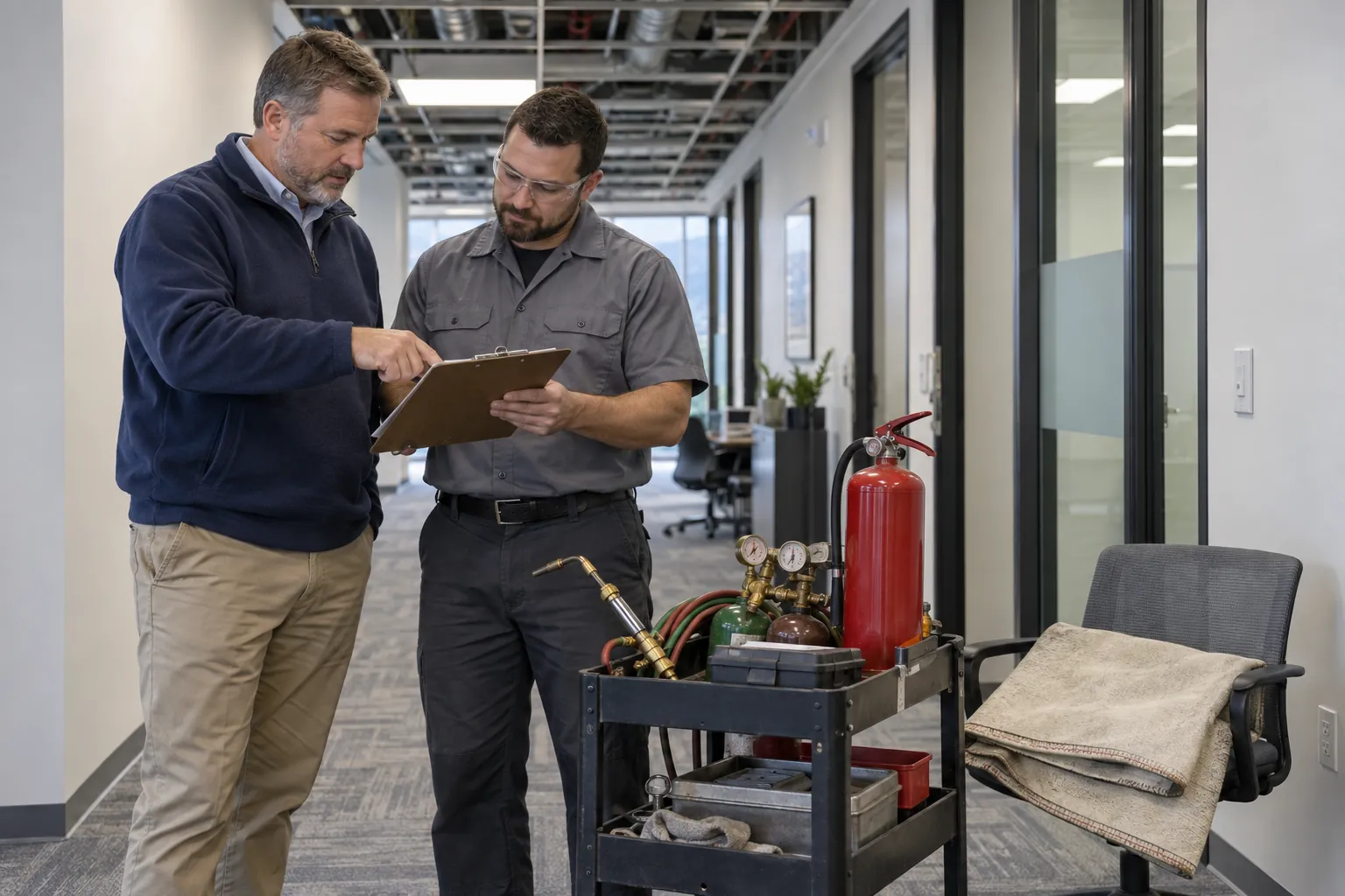 A facility manager and a plumber reviewing a clipboard beside a torch cart and fire extinguisher under an open office ceiling.