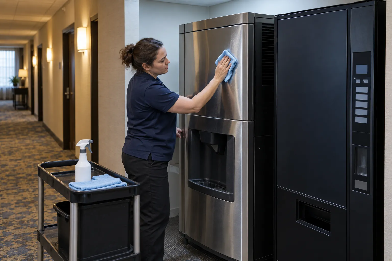 A hotel attendant wiping down an ice machine in a small corridor alcove next to a vending machine.