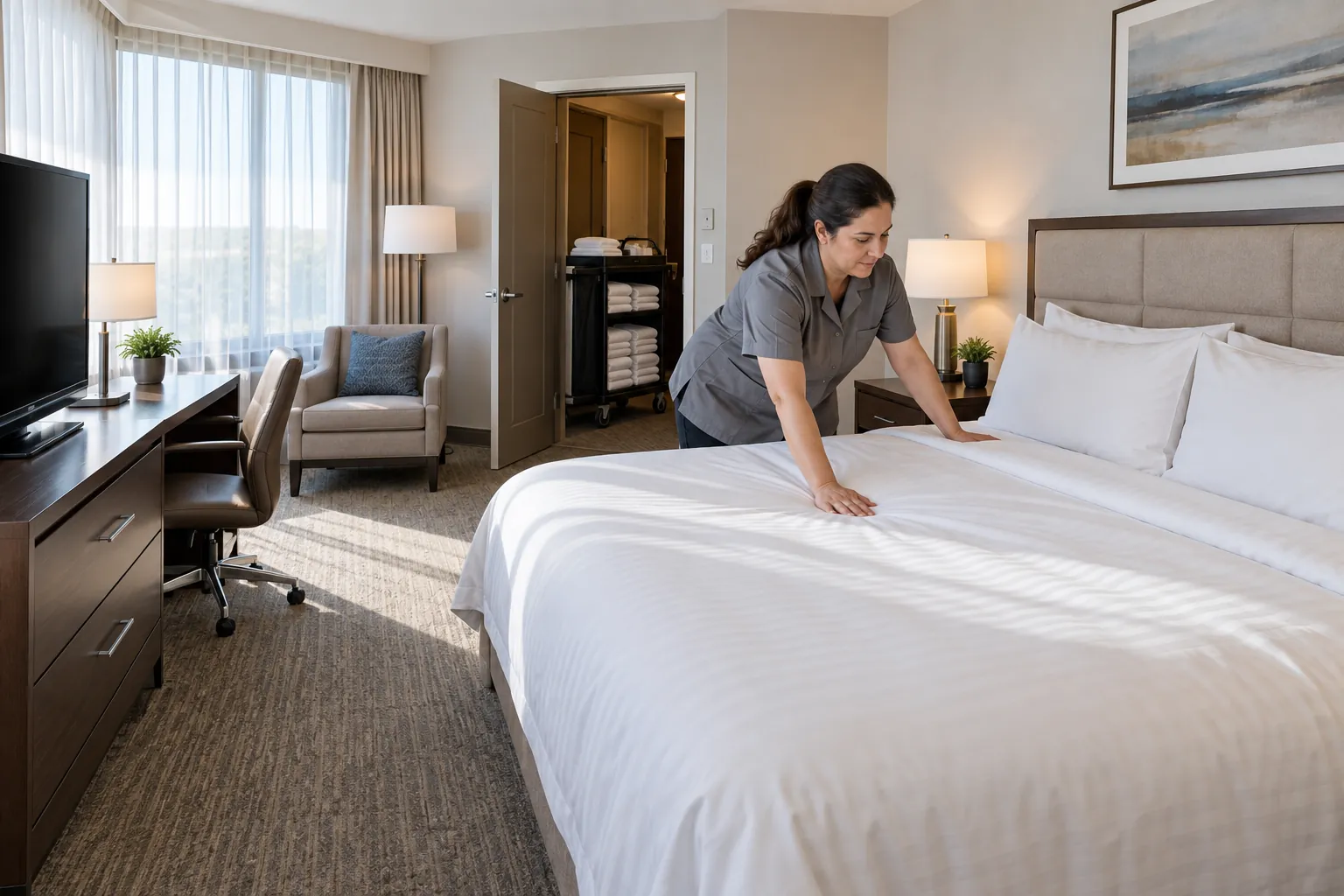A room attendant smoothing a white duvet on a king bed in a bright hotel guest room, her cart in the doorway.
