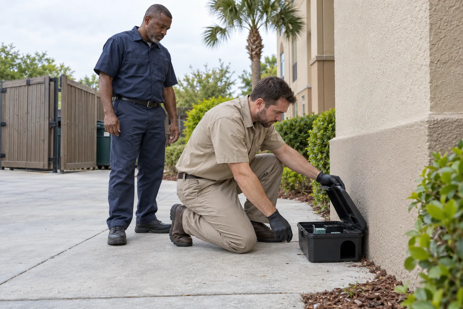 A pest control technician checking a bait station beside a hotel's service yard wall while a building engineer watches.