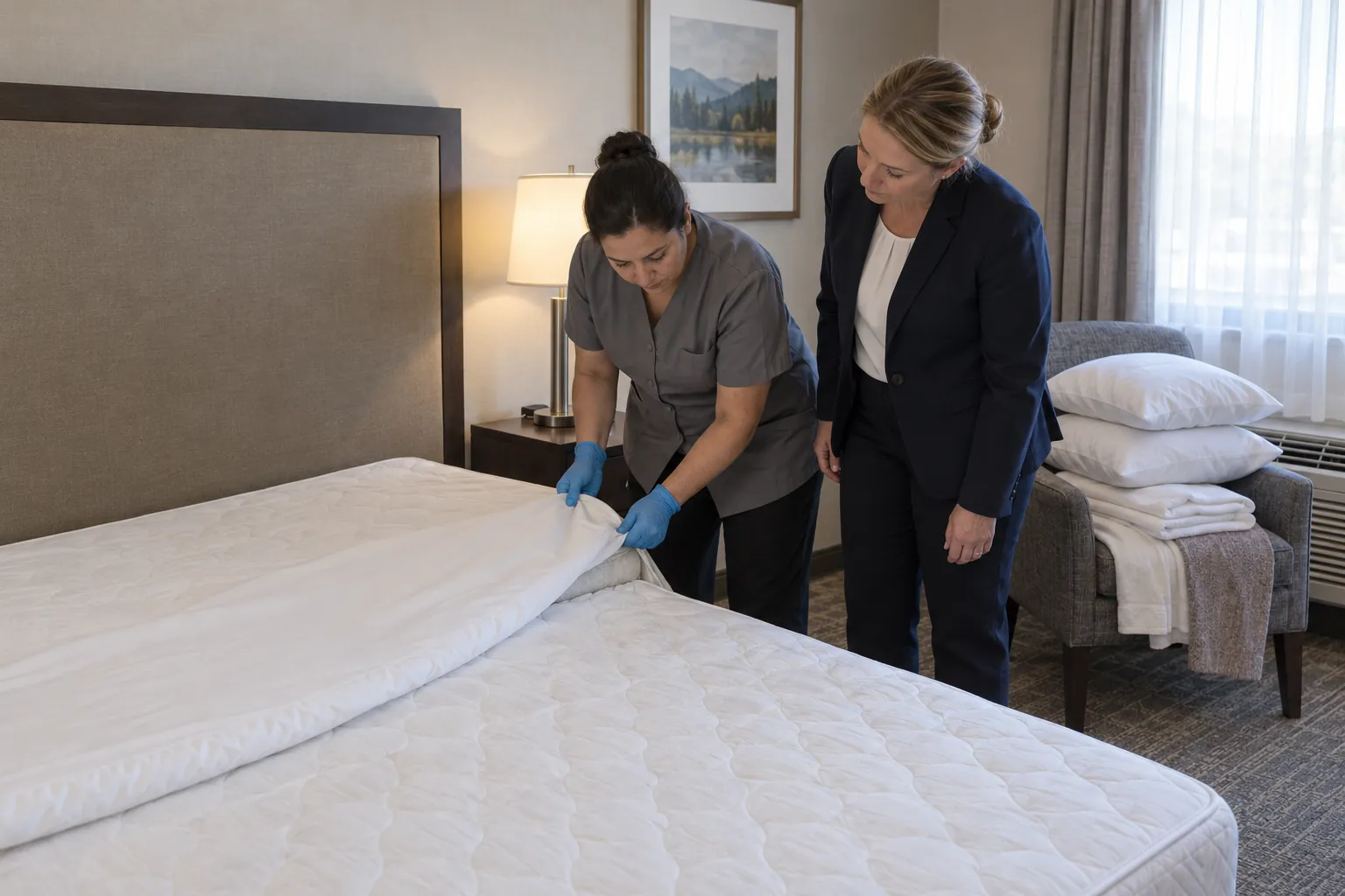 A room attendant folding back a mattress encasement to check the seam while a housekeeping supervisor looks on in a hotel guest room.