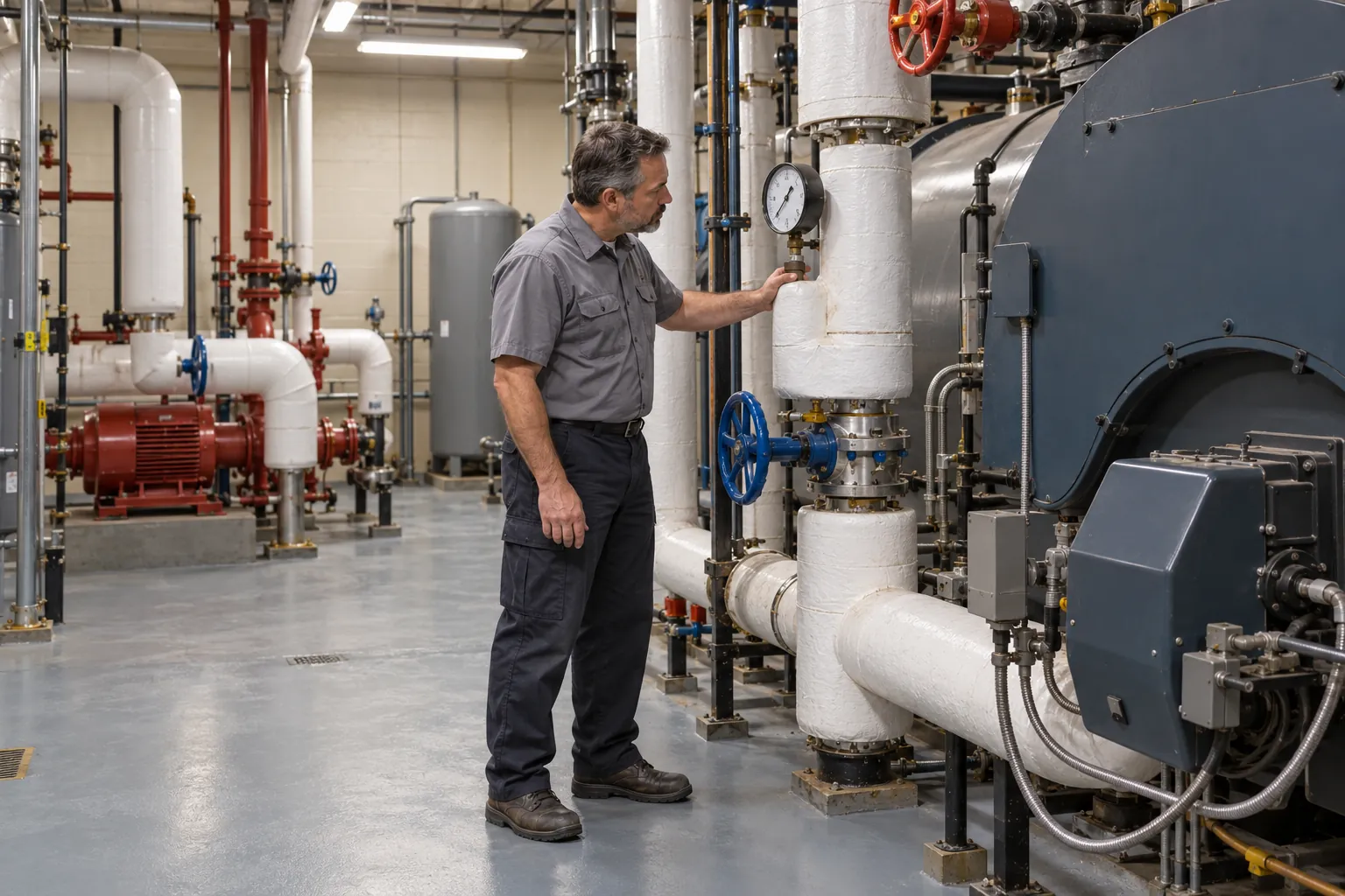 A hotel engineer reading a pressure gauge on the piping in a clean boiler room.