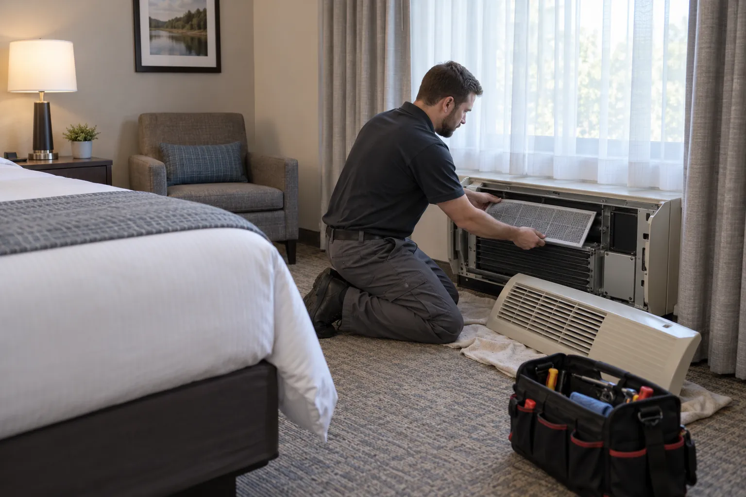 A hotel maintenance technician fitting a new filter into the heating and cooling unit under a guest room window.
