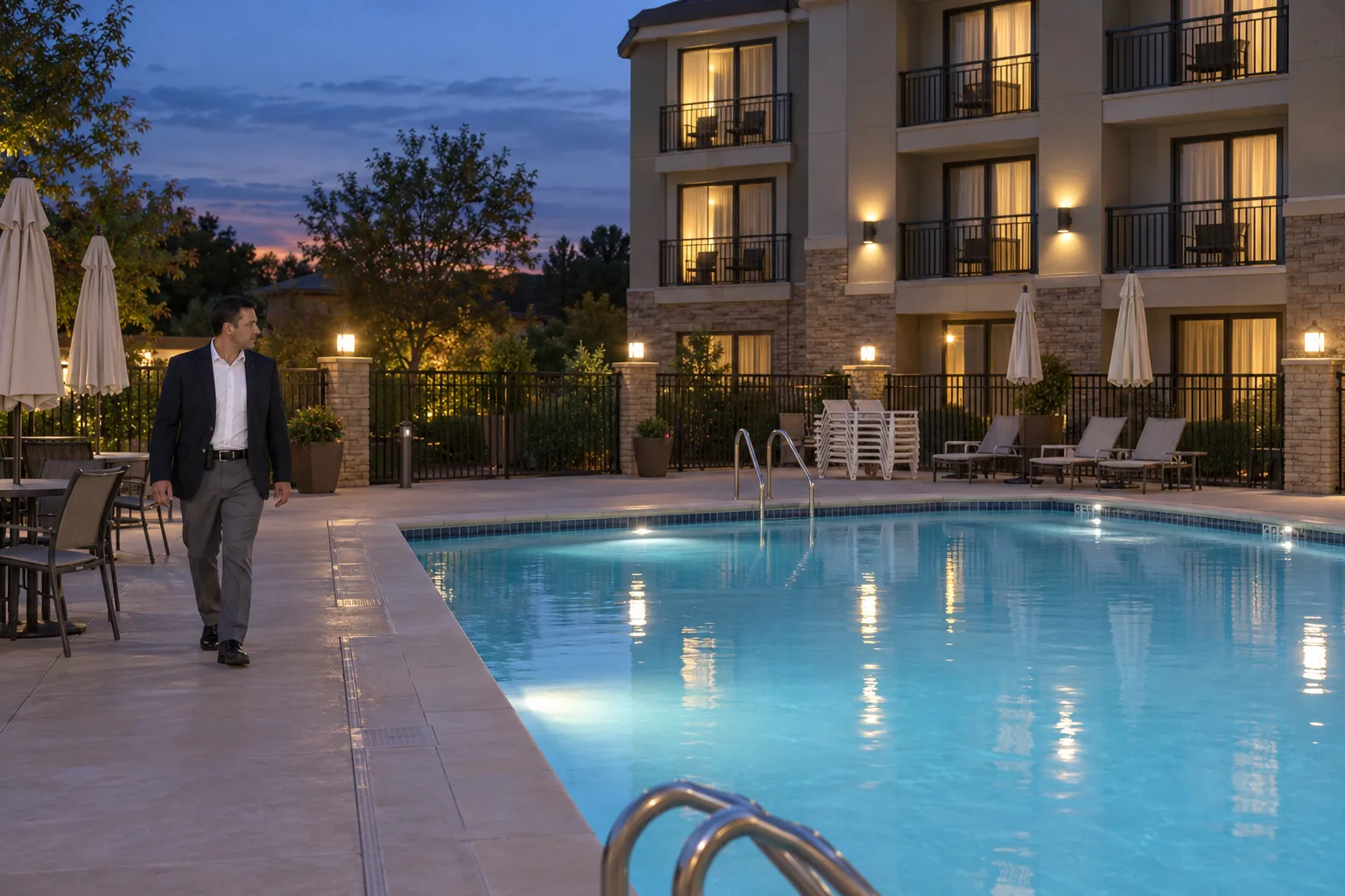 A hotel security officer in a navy blazer walking along an empty outdoor pool deck at dusk, lounge chairs stacked for the night.
