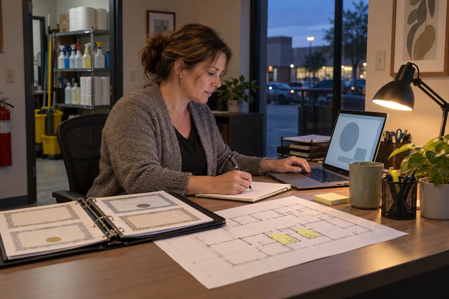 A woman working late on a proposal at a desk with a binder and a marked-up floor plan in a small office.