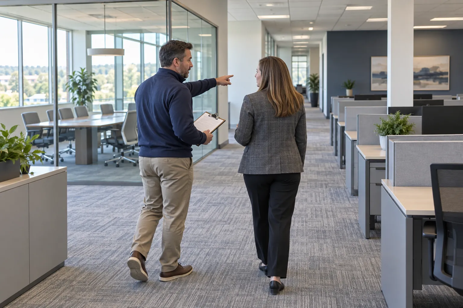 A janitorial contractor and a facility manager walking an empty open-plan office floor on a site walk.
