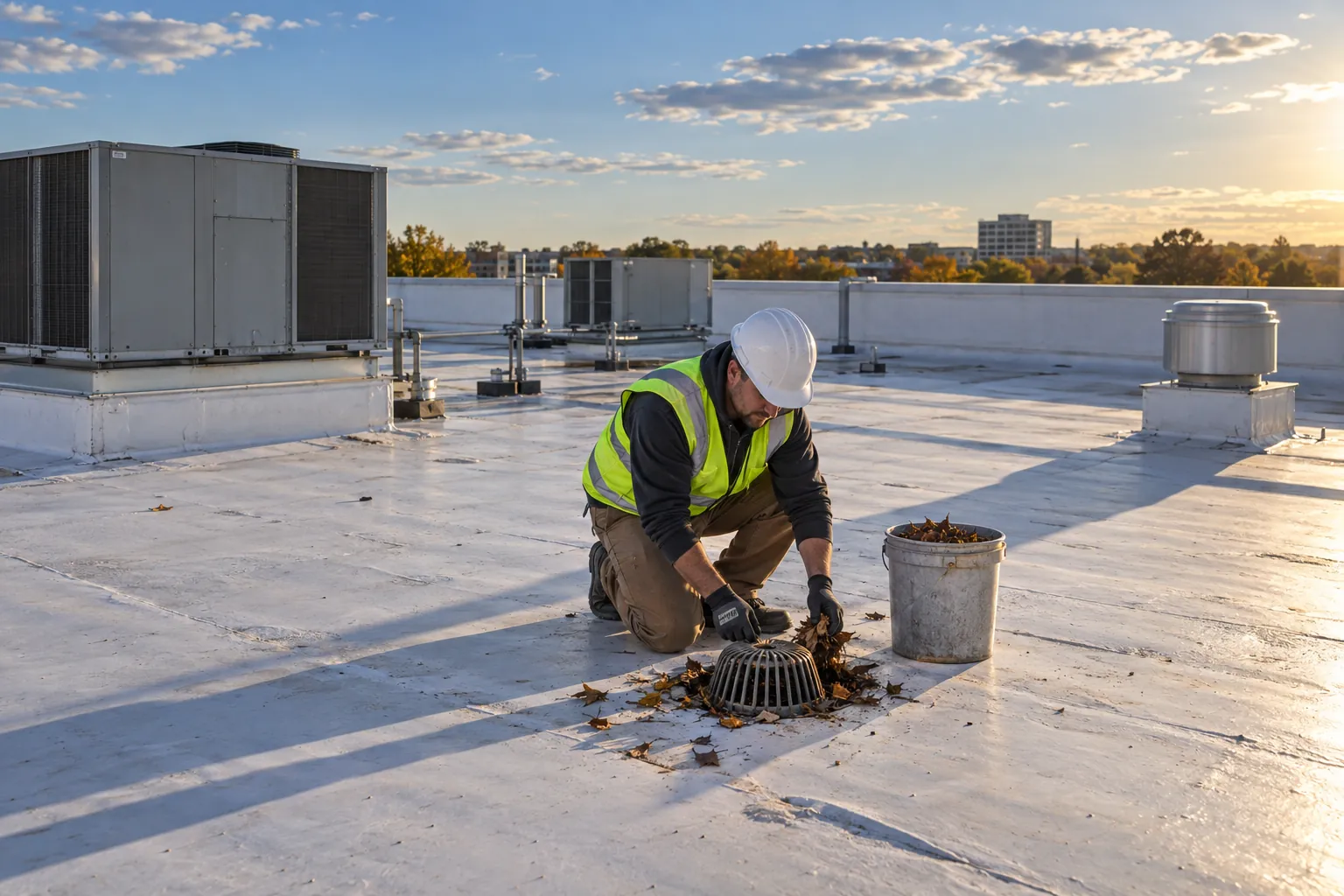 A building engineer crouching on a flat commercial roof to clear leaves from a roof drain beside rooftop HVAC units.