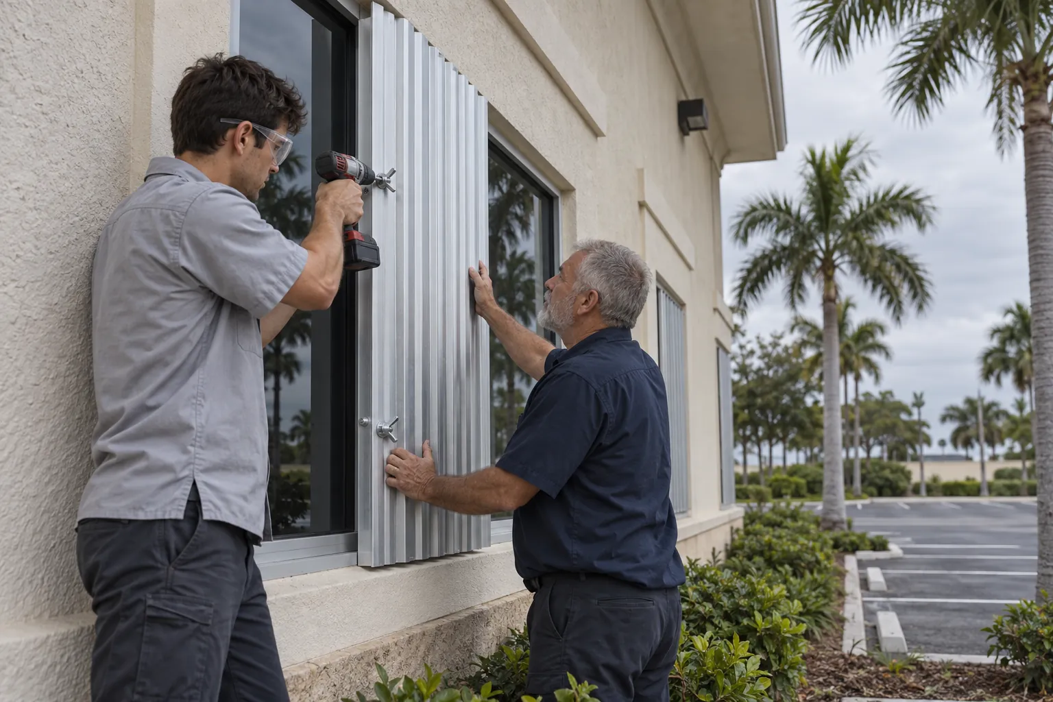 Two maintenance technicians fitting a metal storm shutter over a window of a low-rise stucco office building under an overcast sky.