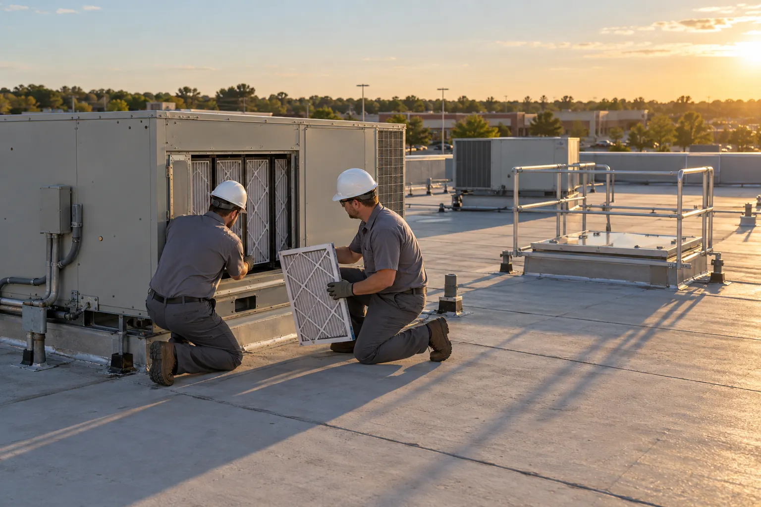 Two HVAC technicians kneeling at an open rooftop unit on a flat commercial roof in late-afternoon sun, one holding a filter panel.