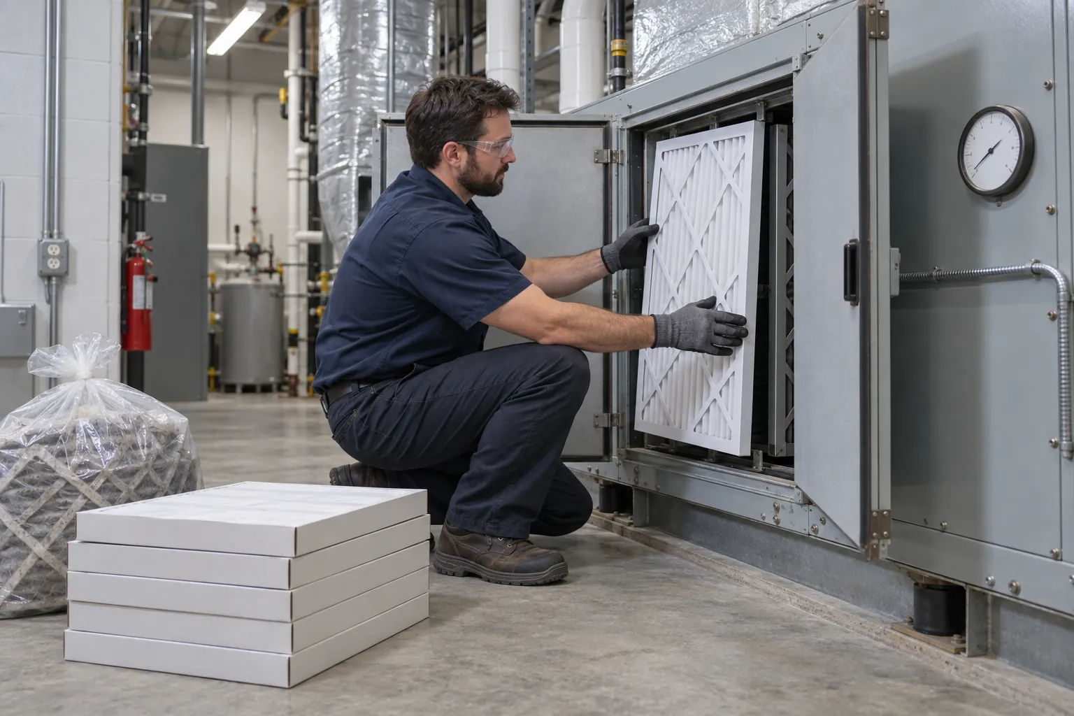 A building engineer in gloves and safety glasses fitting a new pleated filter into an air handler in a mechanical room, with spent filters bagged beside him.