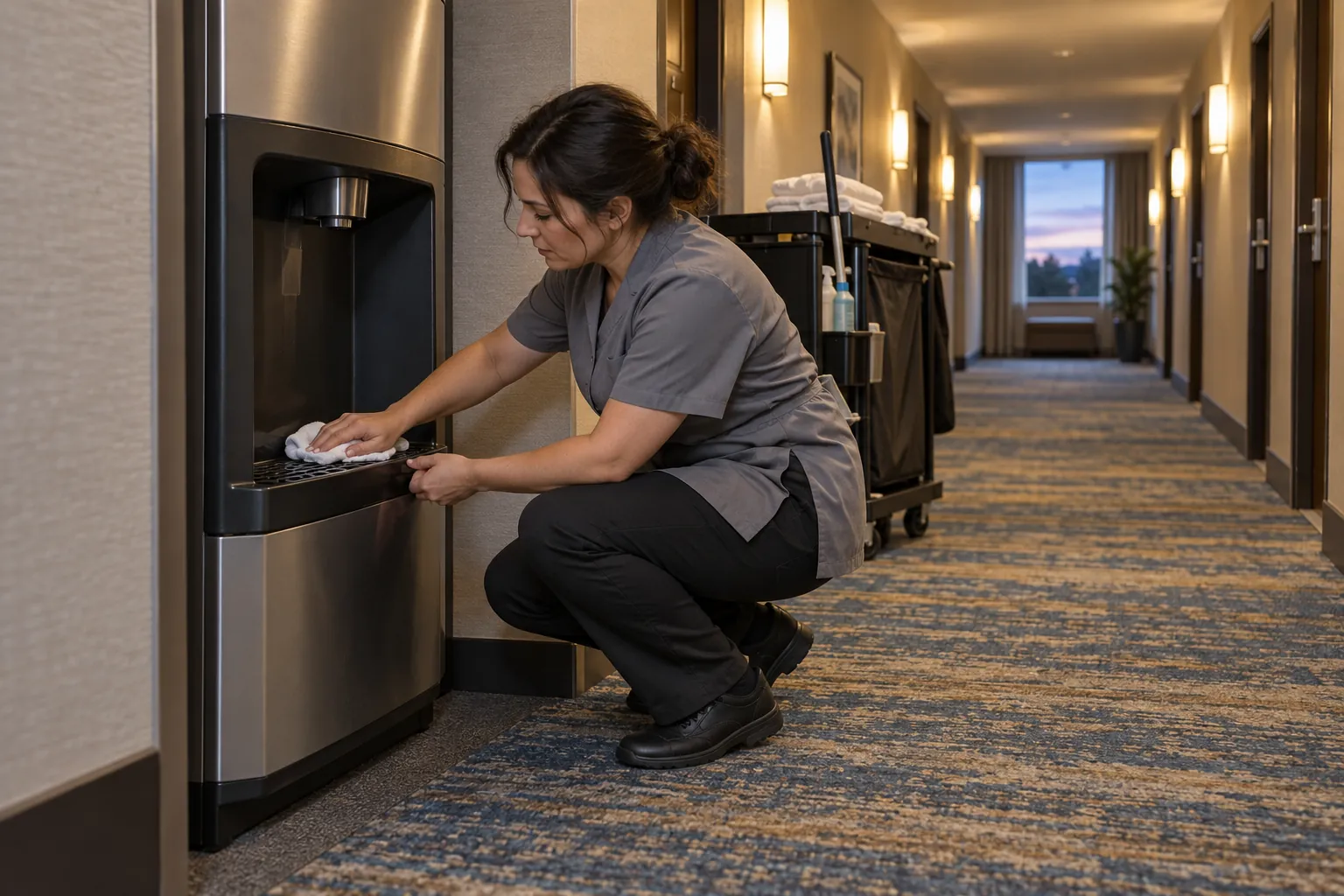 A hotel housekeeper wiping the drip tray of an ice dispenser in a guest floor alcove.